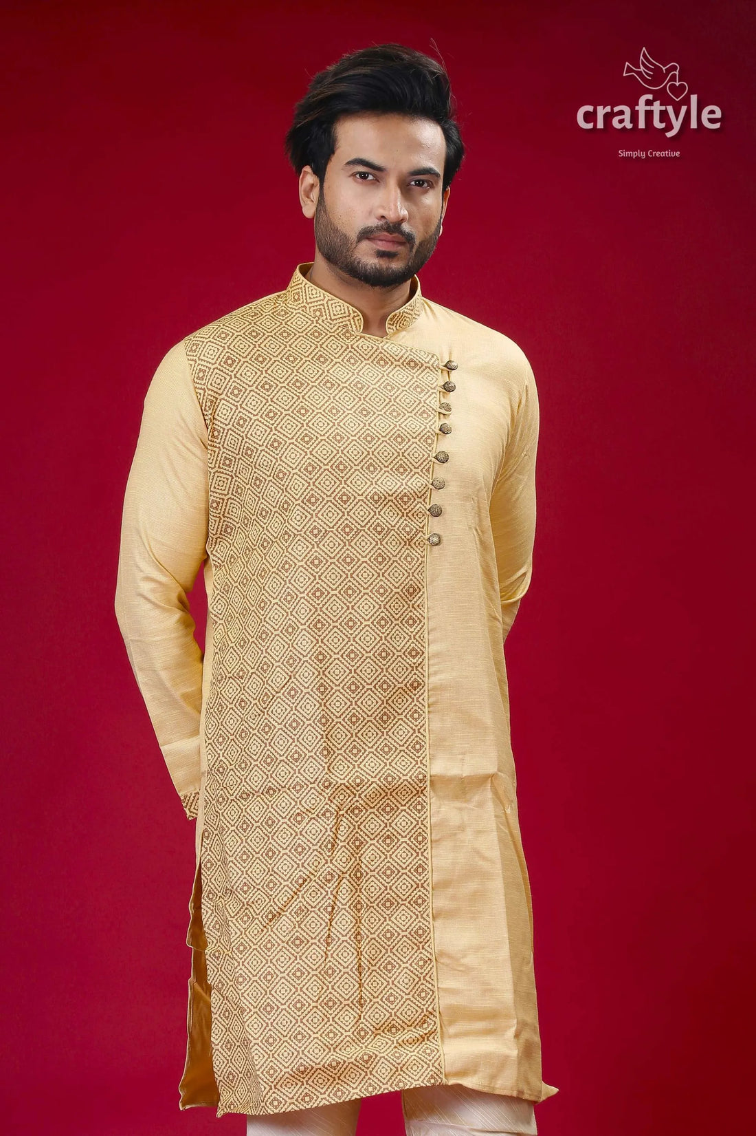 Designer cotton panjabi for men in grain brown - elegant ethnic wear men’s beige patterned kurta 2
