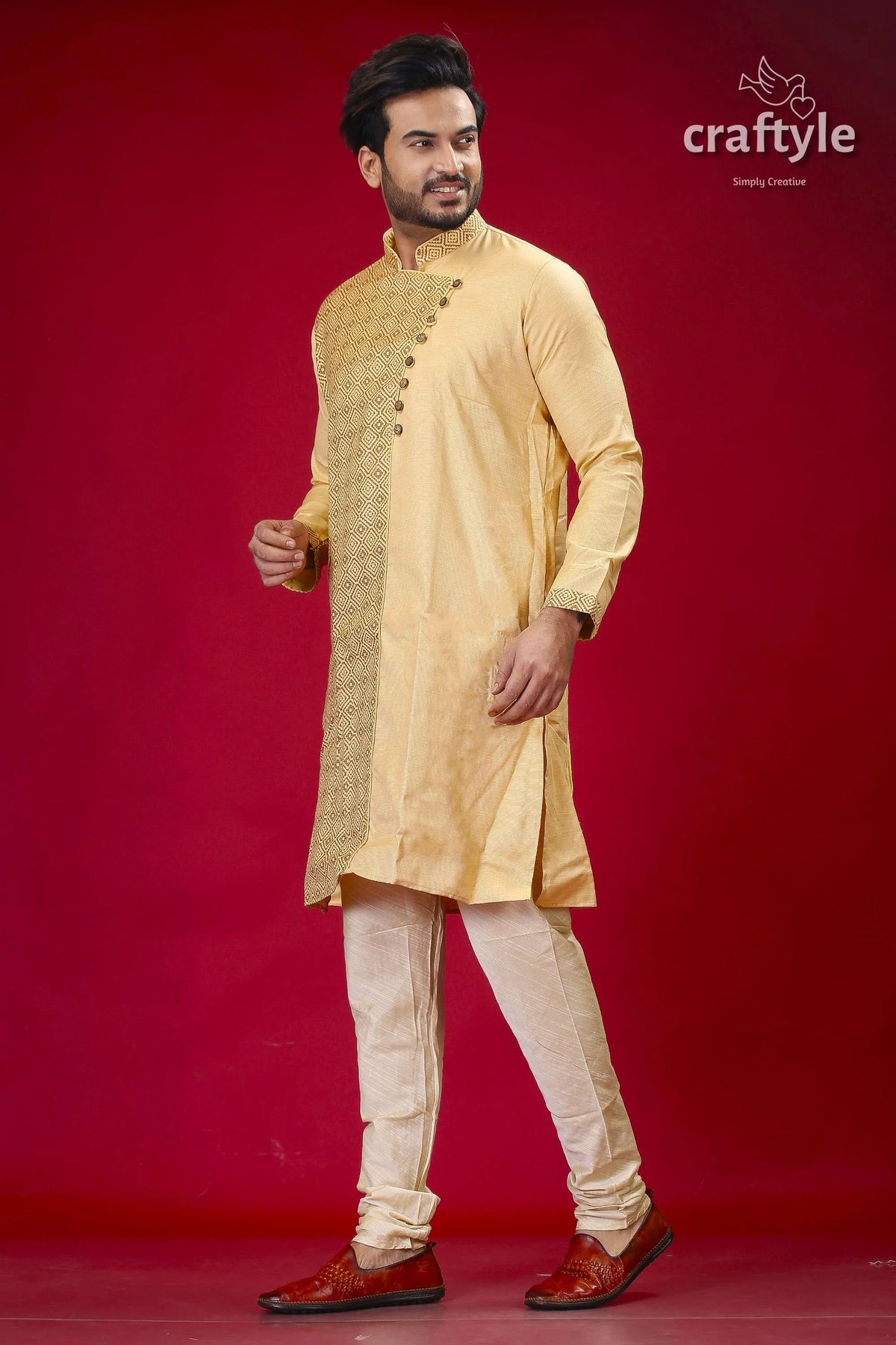 Designer cotton panjabi for men in grain brown - elegant ethnic wear man gold kurta pajama 4