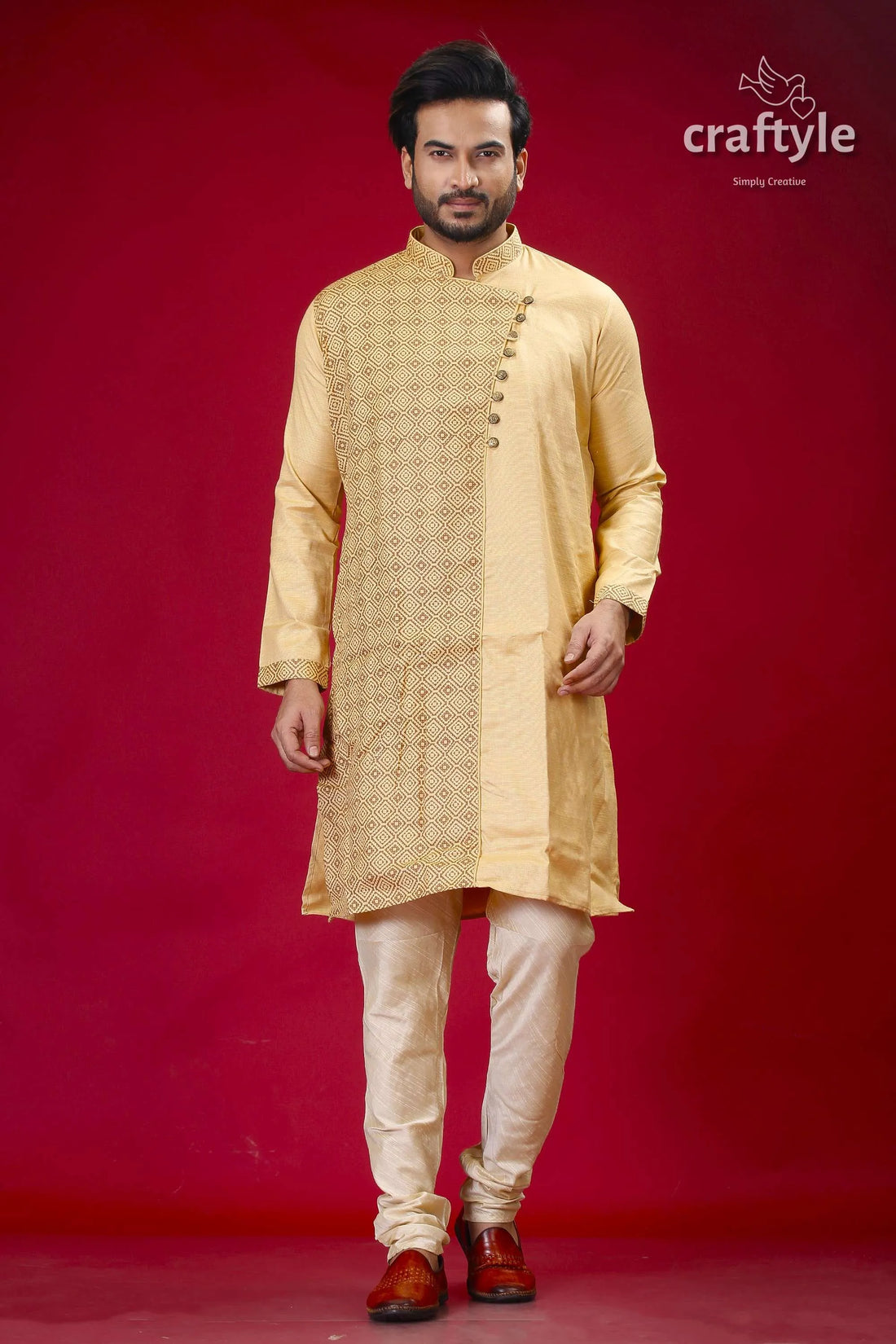 Designer cotton panjabi for men in grain brown - elegant ethnic wear man gold kurta pants 1
