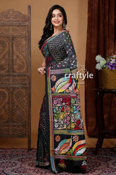 Designer Pitch Black Silk Kantha Silk Saree - Handcrafted Luxury-Craftyle