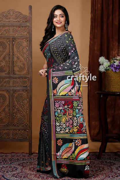 Designer Pitch Black Silk Kantha Silk Saree - Handcrafted Luxury-Craftyle