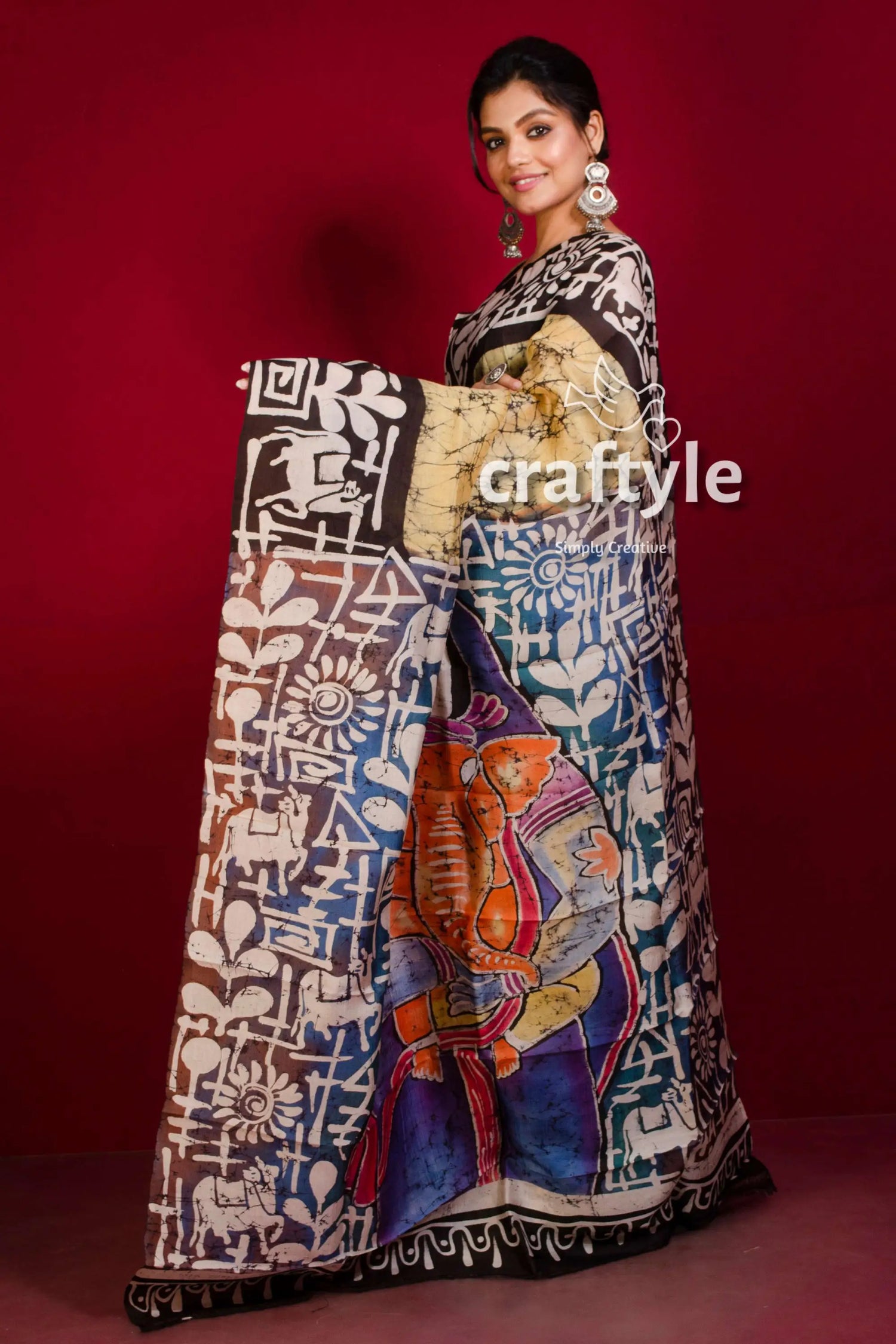 Dessert sand ganesha painted hand batik mulberry pure silk saree woman batik saree 3