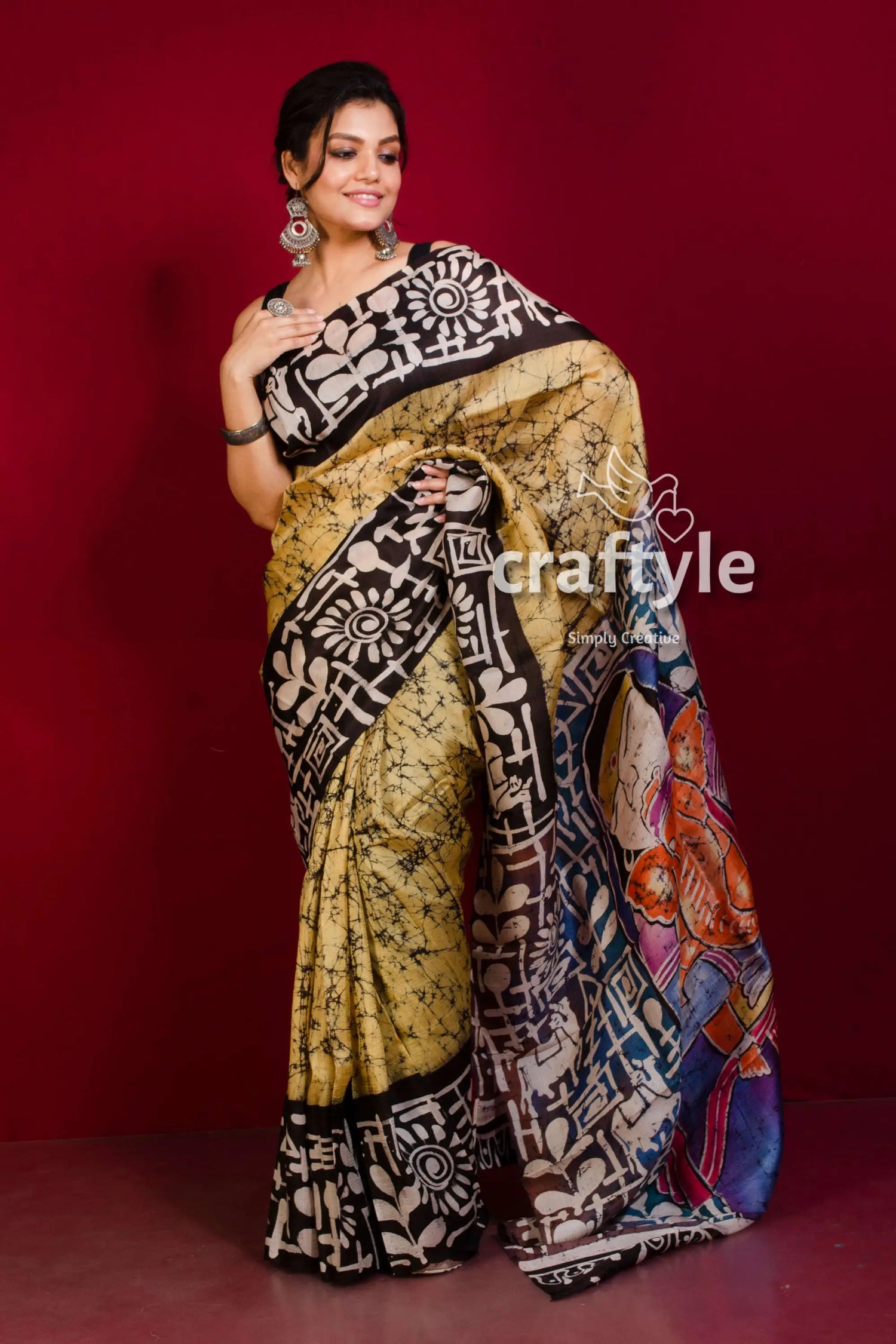 Dessert sand ganesha painted hand batik mulberry pure silk saree woman batik saree 2