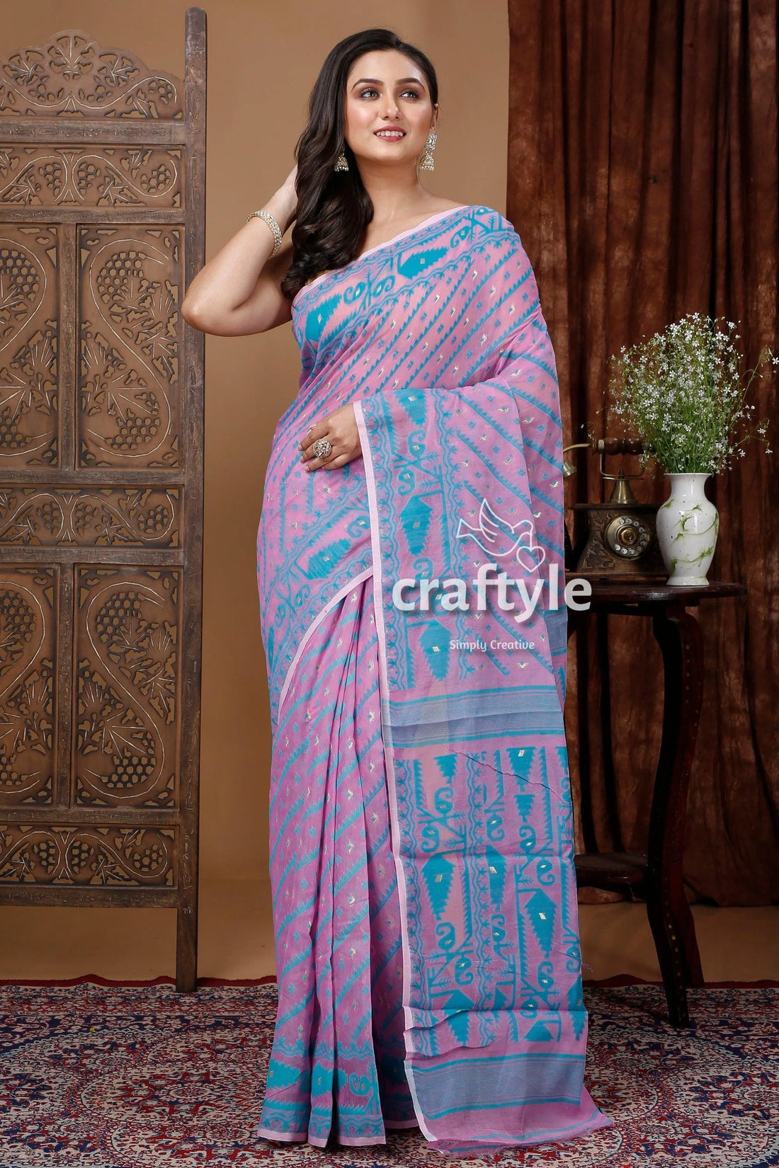 Dhakai jamdani saree in deep mauve green - soft elegant designer sari woman pink blue 1