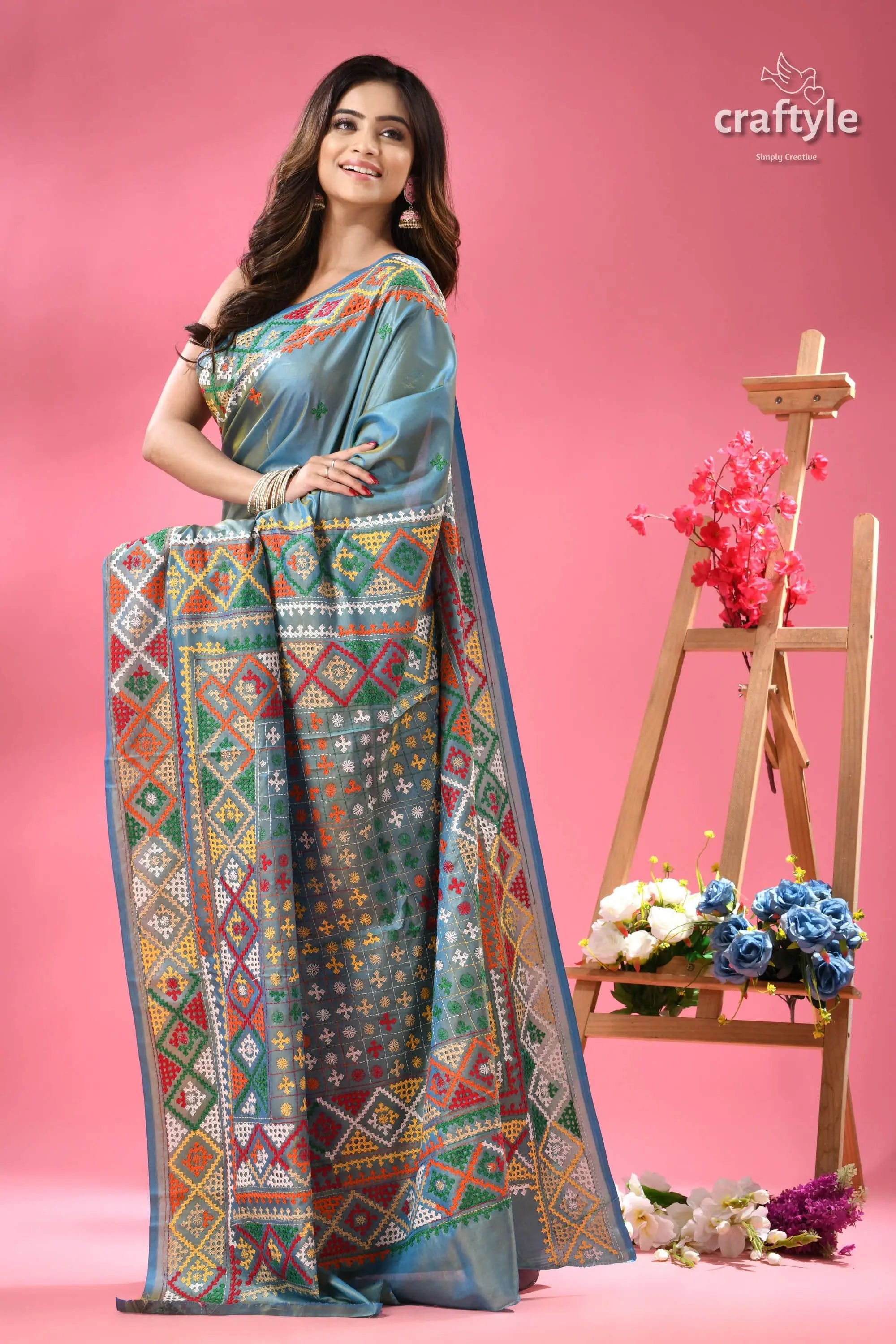 Dualtone multicolor silk kutch work embroidery saree woman vibrant blue multi colored patterned 3