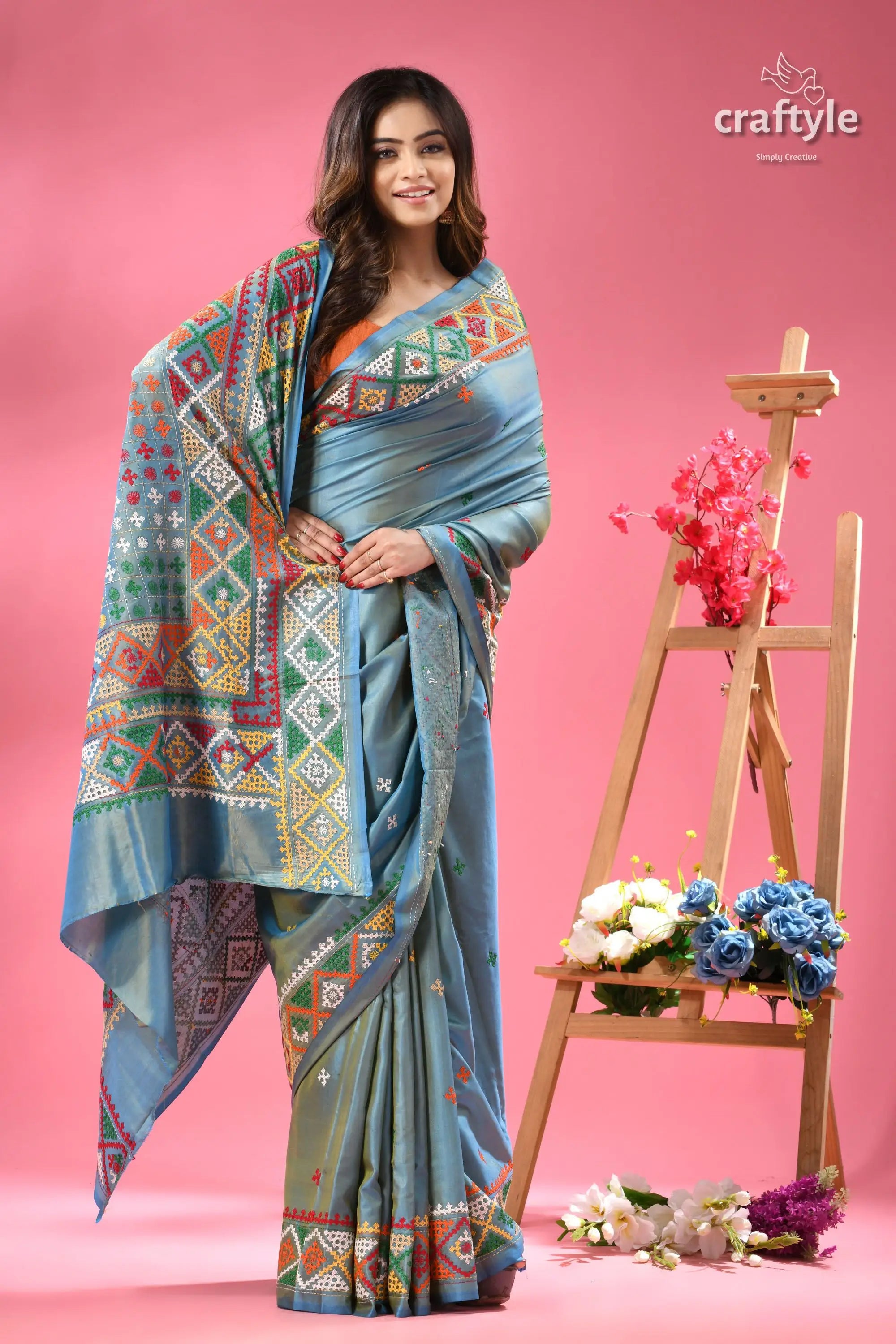 Dualtone multicolor silk kutch work embroidery saree woman light blue saree colorful 4
