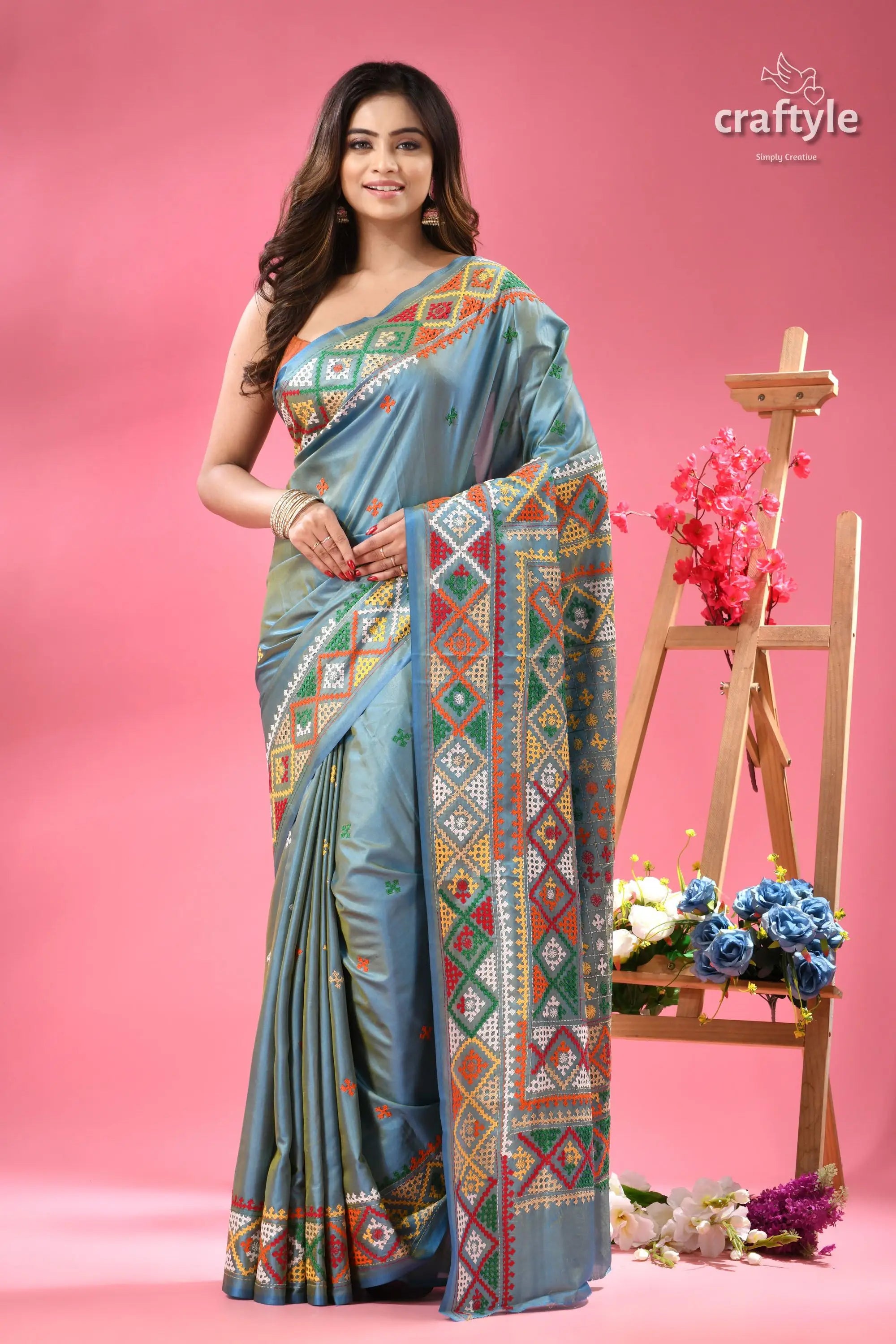 Dualtone multicolor silk kutch work embroidery saree light blue silk saree colorful 7