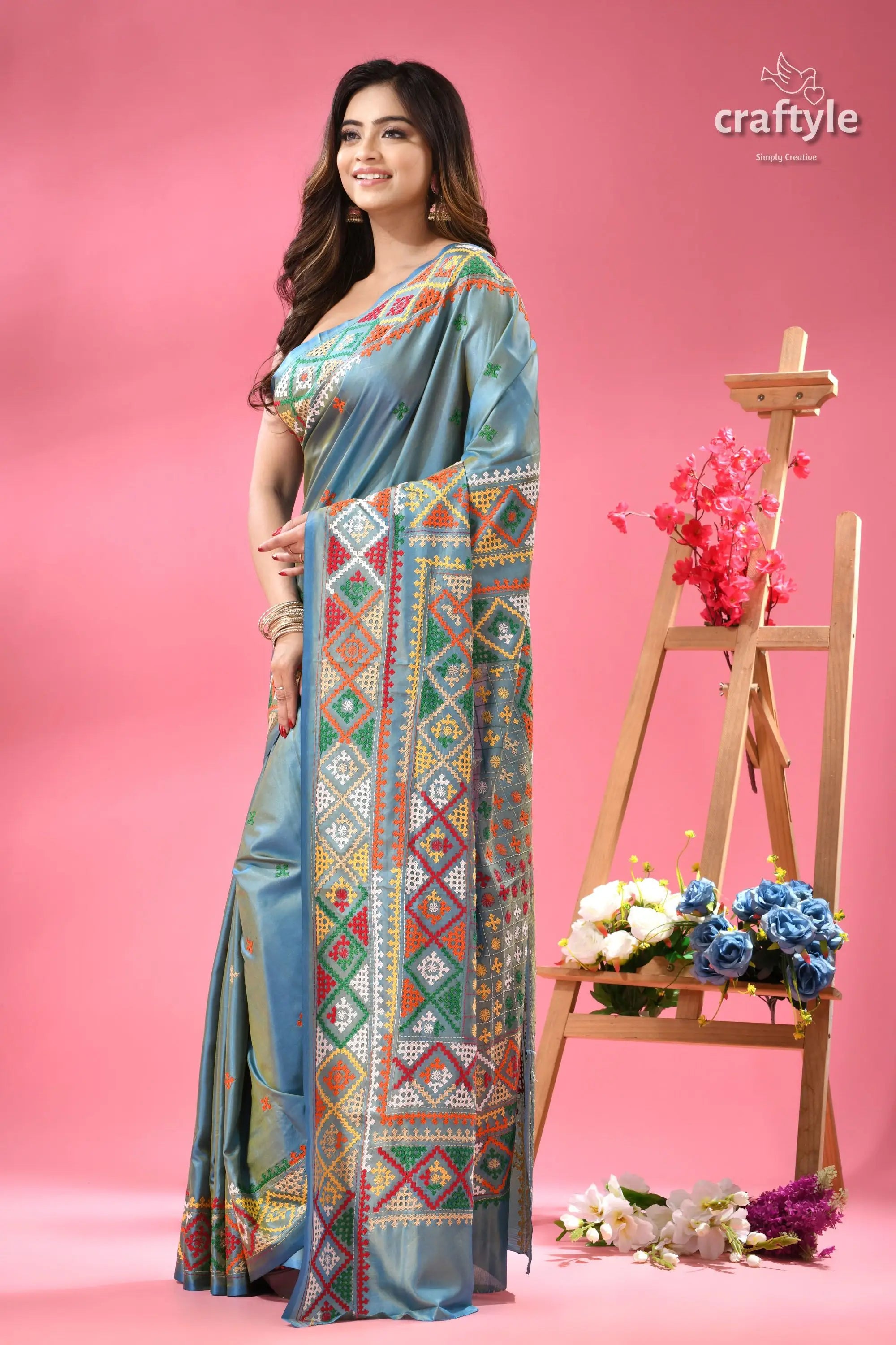 Dualtone multicolor silk kutch work embroidery saree light blue saree colorful geometric 6