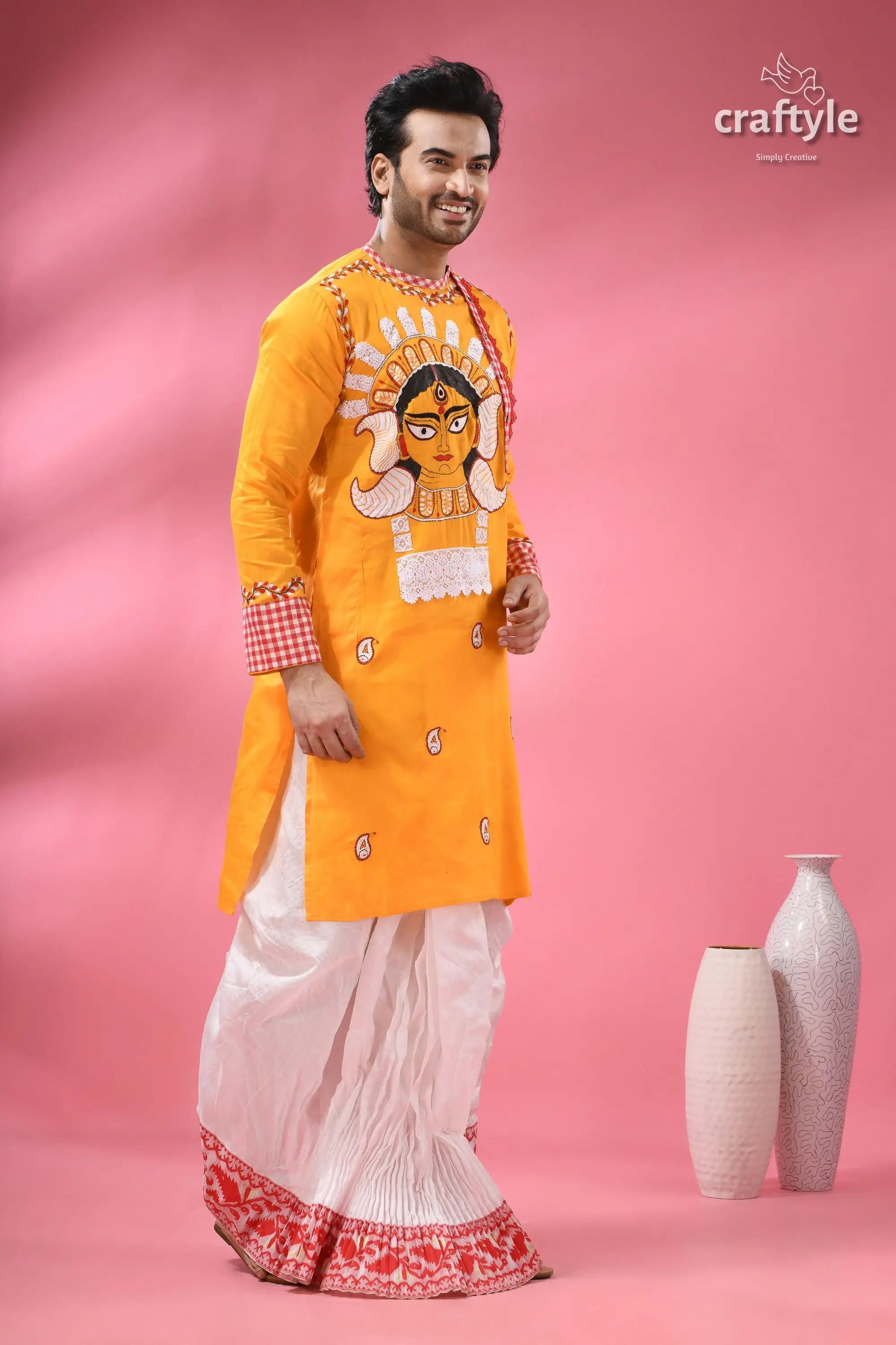 Durga ma hand painted cotton panjabi for men with kantha embroidery men’s yellow kurta traditional motif 4
