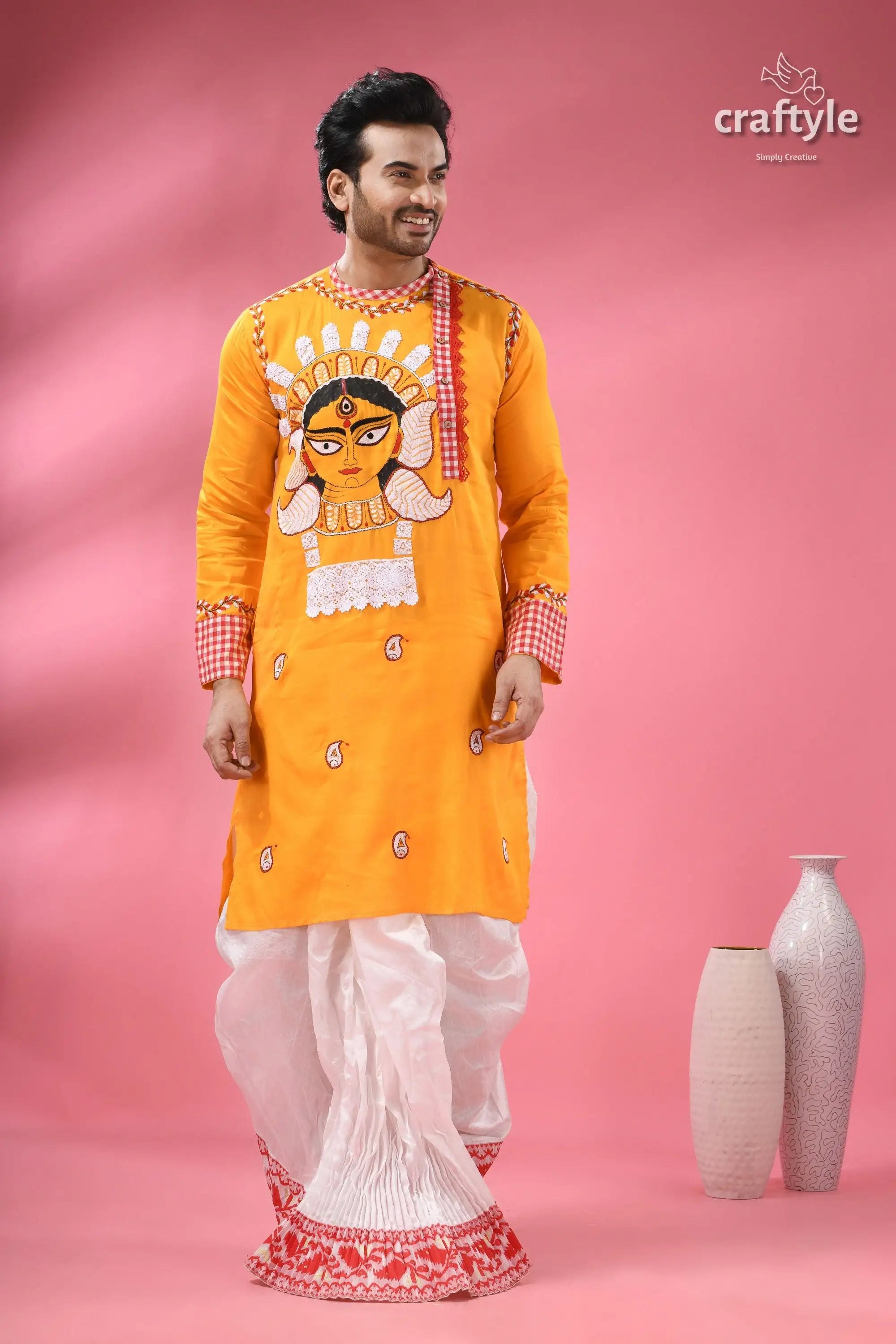 Durga ma hand painted cotton panjabi for men with kantha embroidery man yellow kurta goddess graphic 1