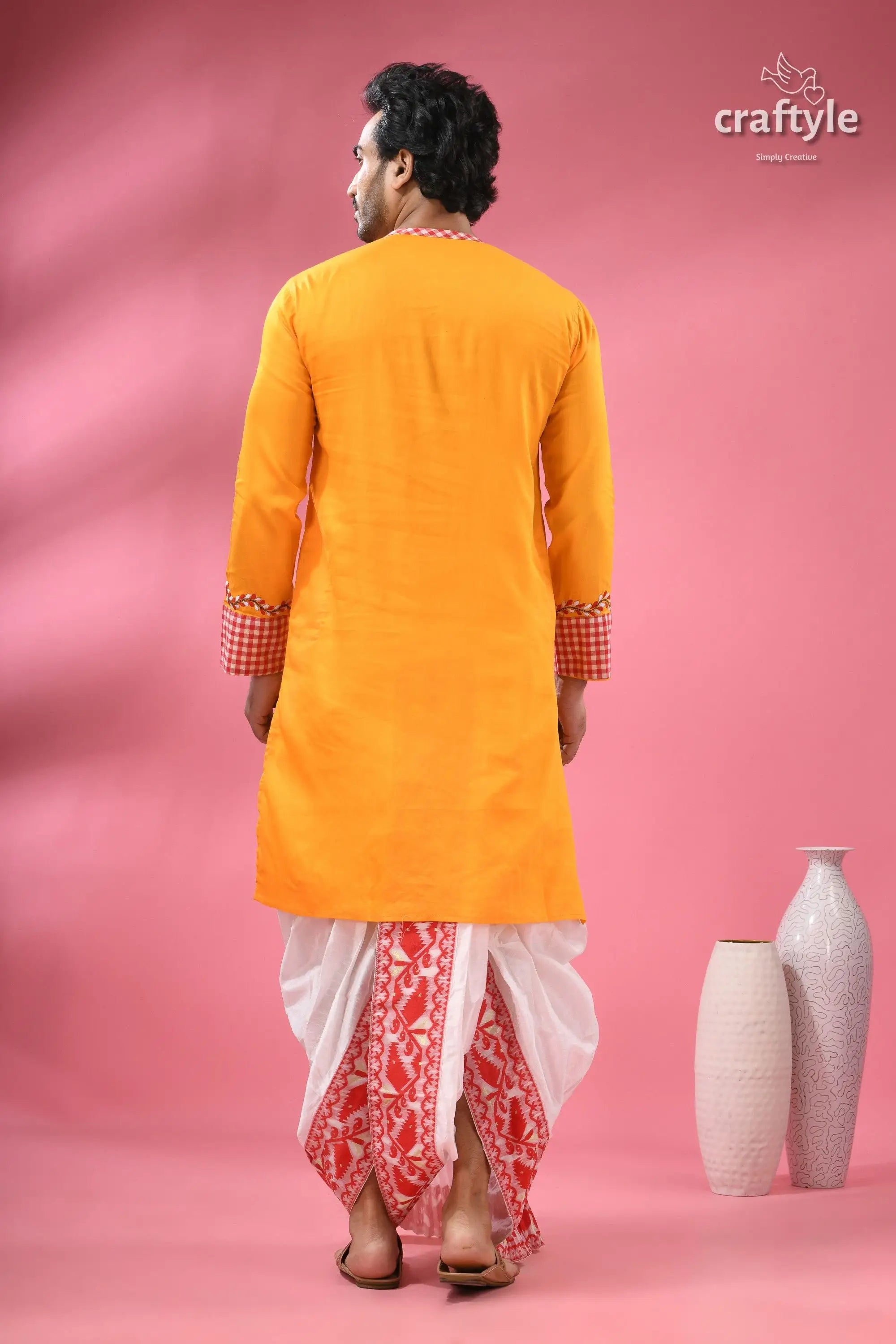 Durga ma hand painted cotton panjabi for men with kantha embroidery men’s bright orange kurta white 7