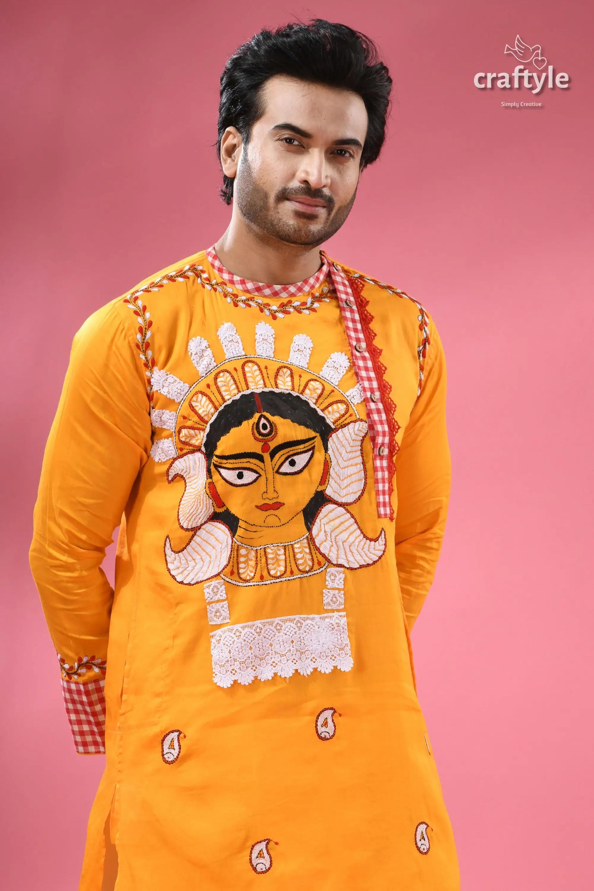 Durga ma hand painted cotton panjabi for men with kantha embroidery man’s mustard yellow kurta vibrant 2
