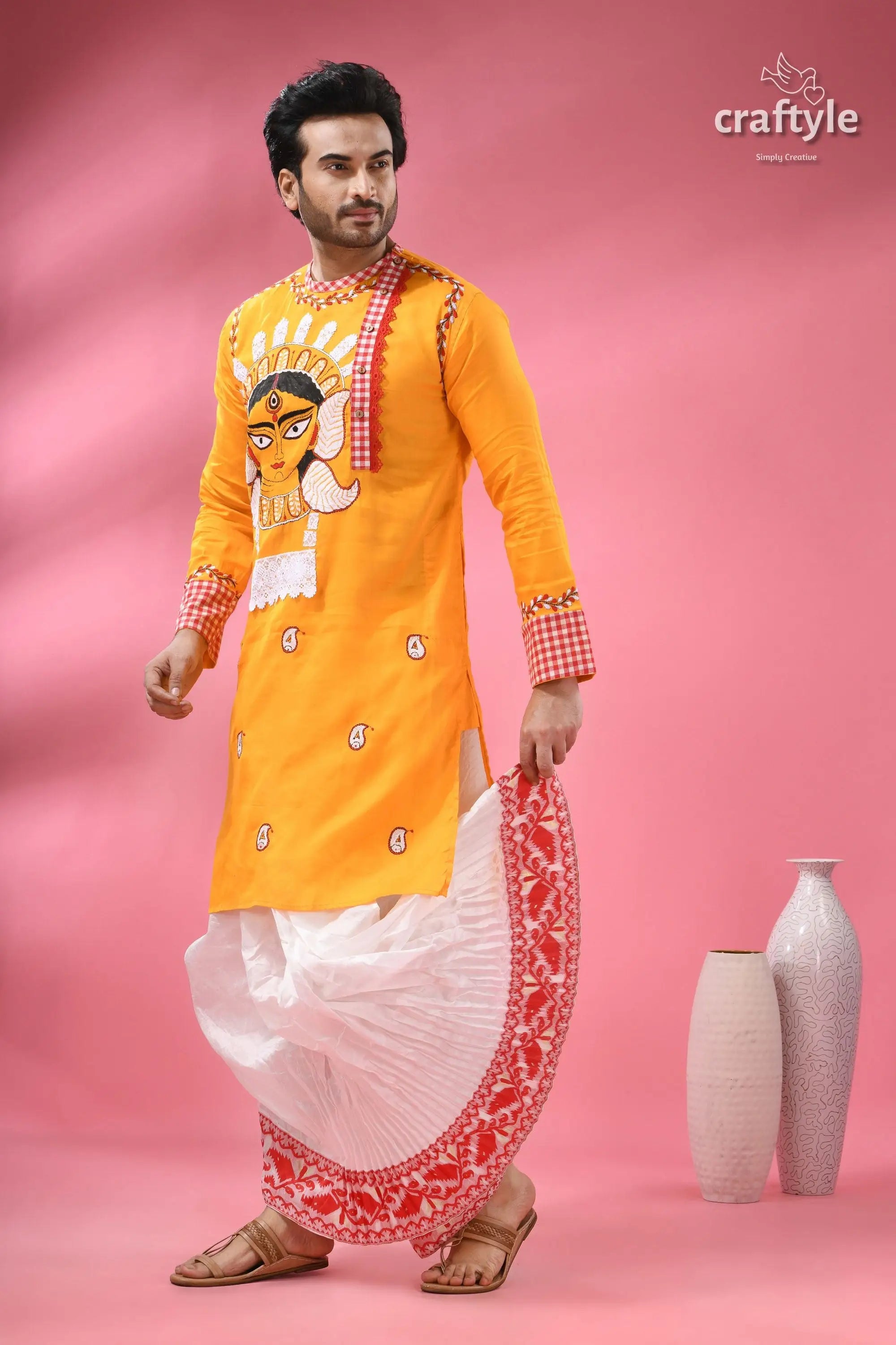 Durga ma hand painted cotton panjabi for men with kantha embroidery men’s yellow kurta hand painted durga 5