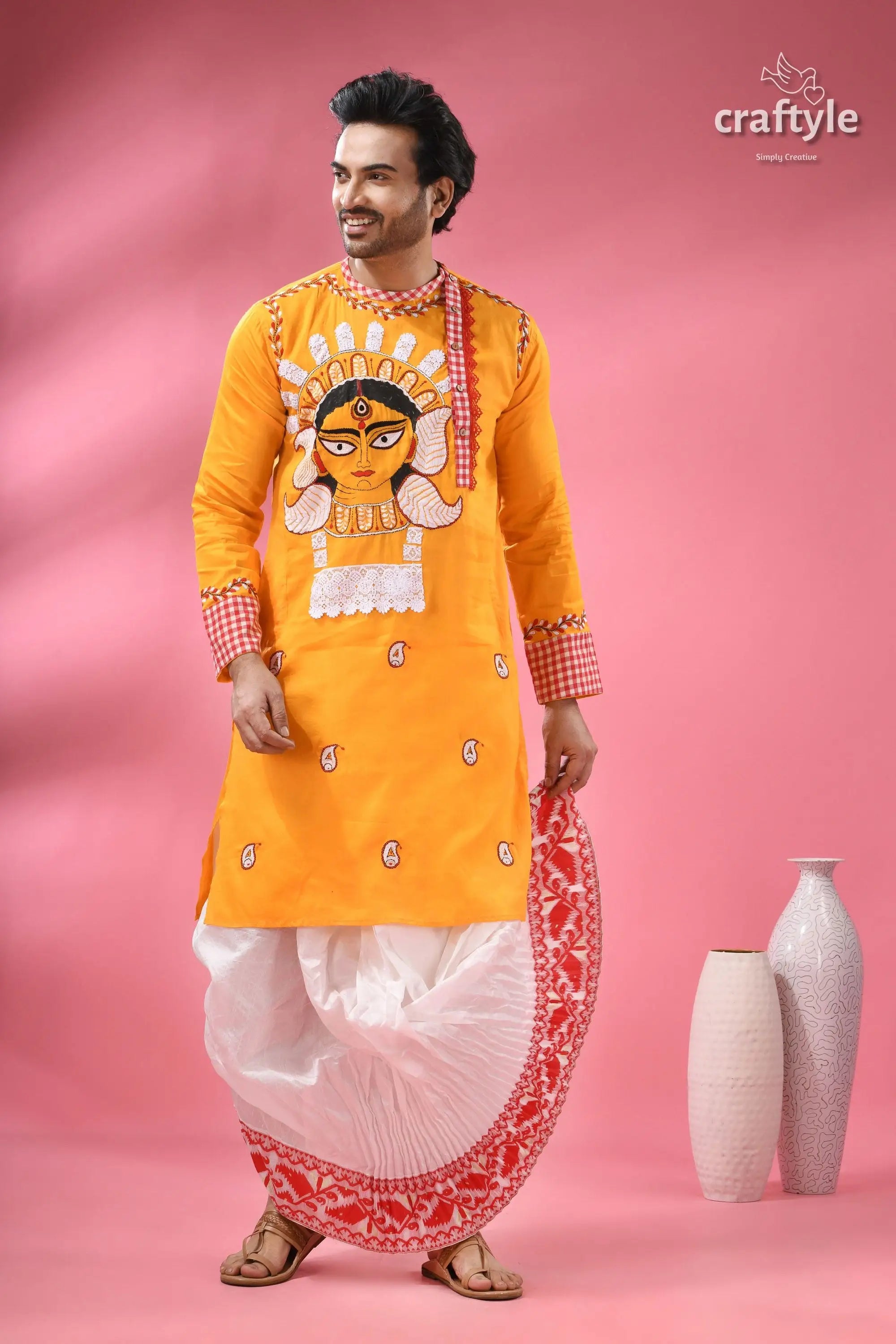 Durga ma hand painted cotton panjabi for men with kantha embroidery men’s yellow kurta durga pattachitra 6