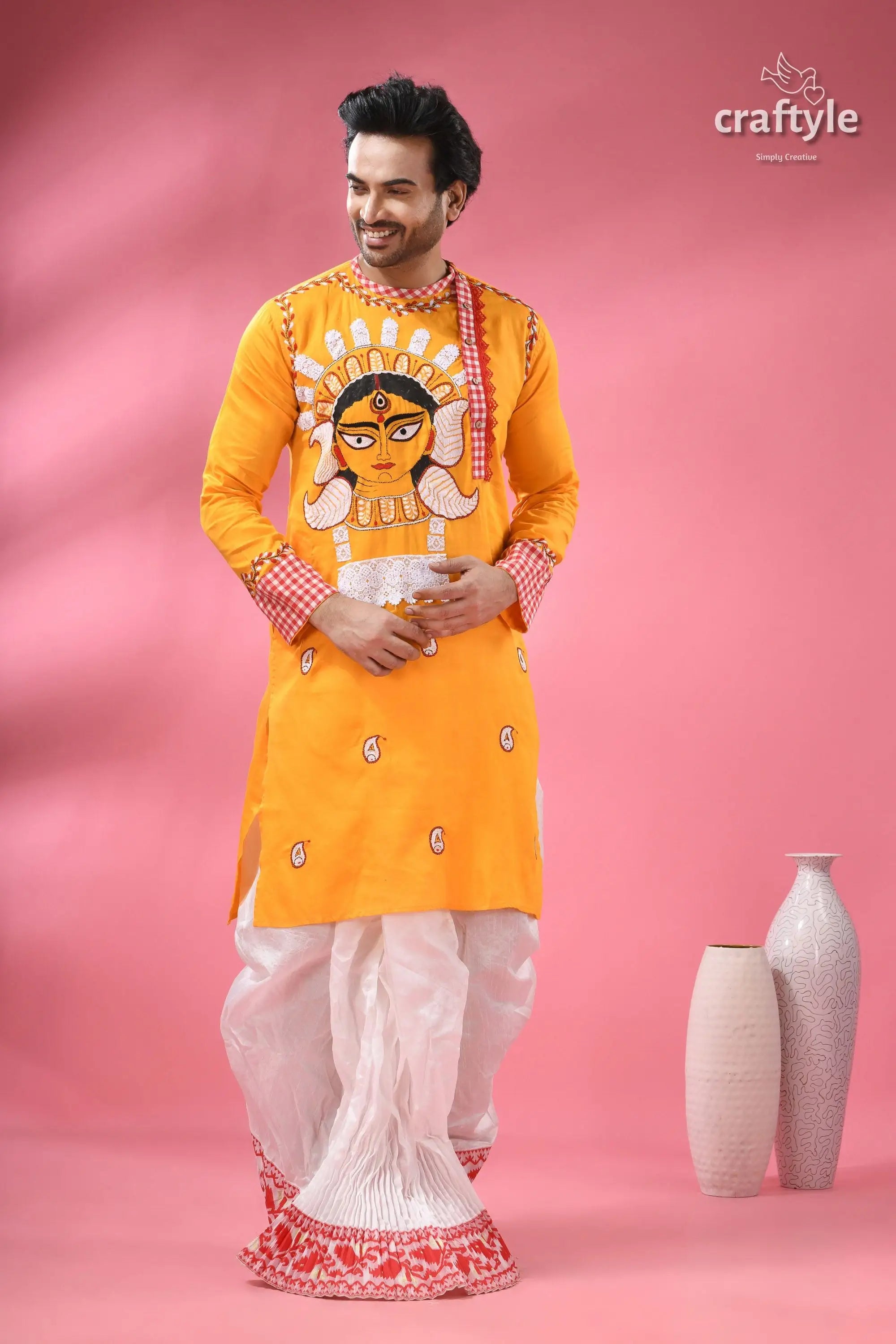 Durga ma hand painted cotton panjabi for men with kantha embroidery men’s yellow kurta painted durga 3