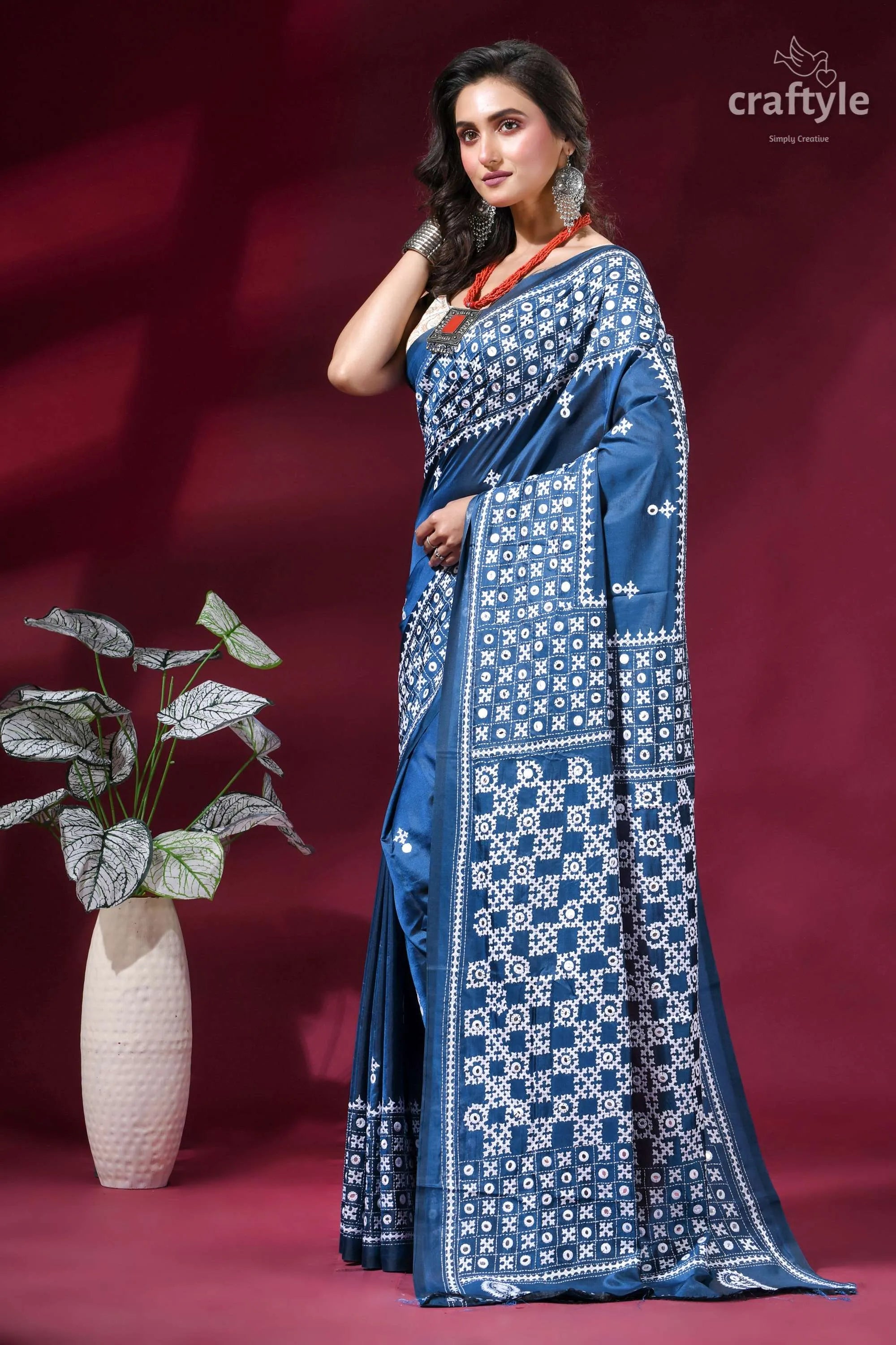 Dusk blue premium silk gujrati stitch saree with mirror work woman wears deep blue saree 3