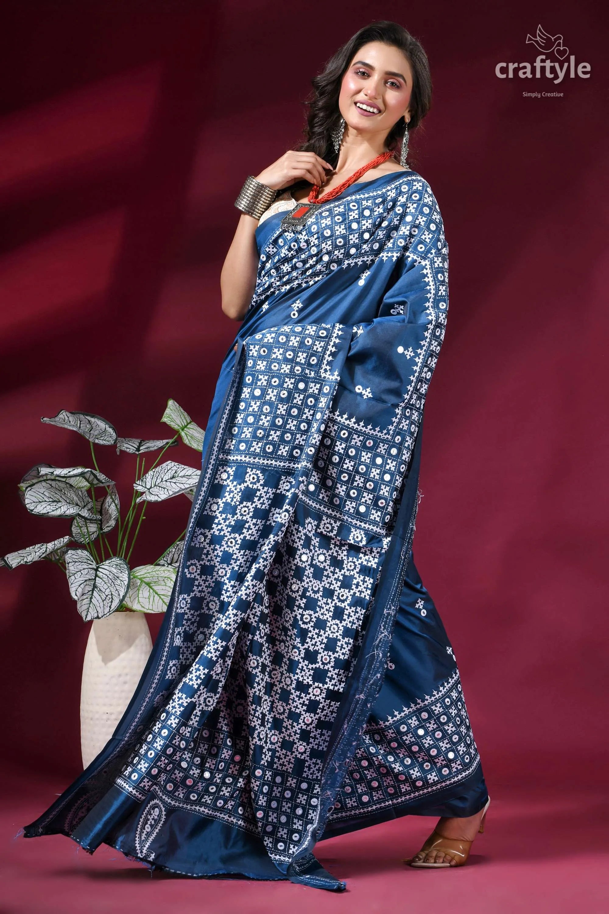 Dusk blue premium silk gujrati stitch saree with mirror work deep blue silk saree intricate 6