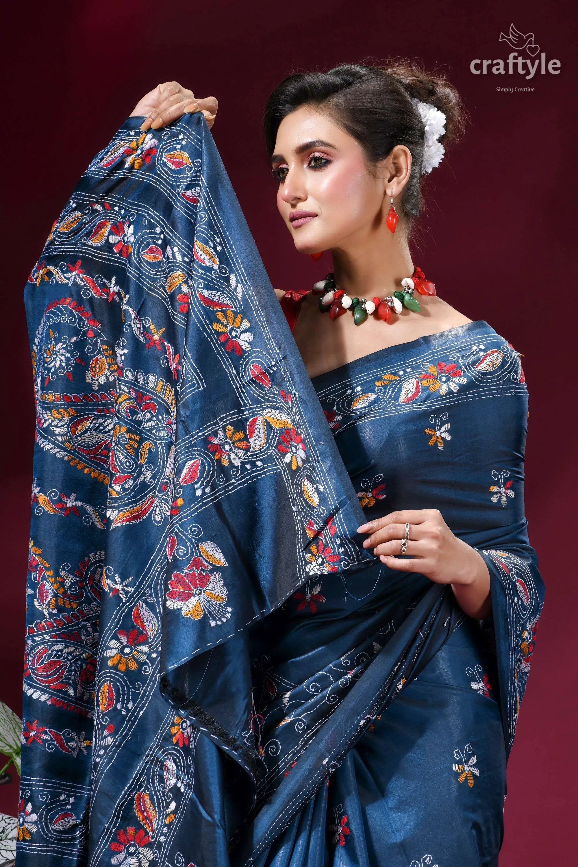 Dusky blue multi-thread elegant kantha stitch silk sari navy blue silk saree adorned 2