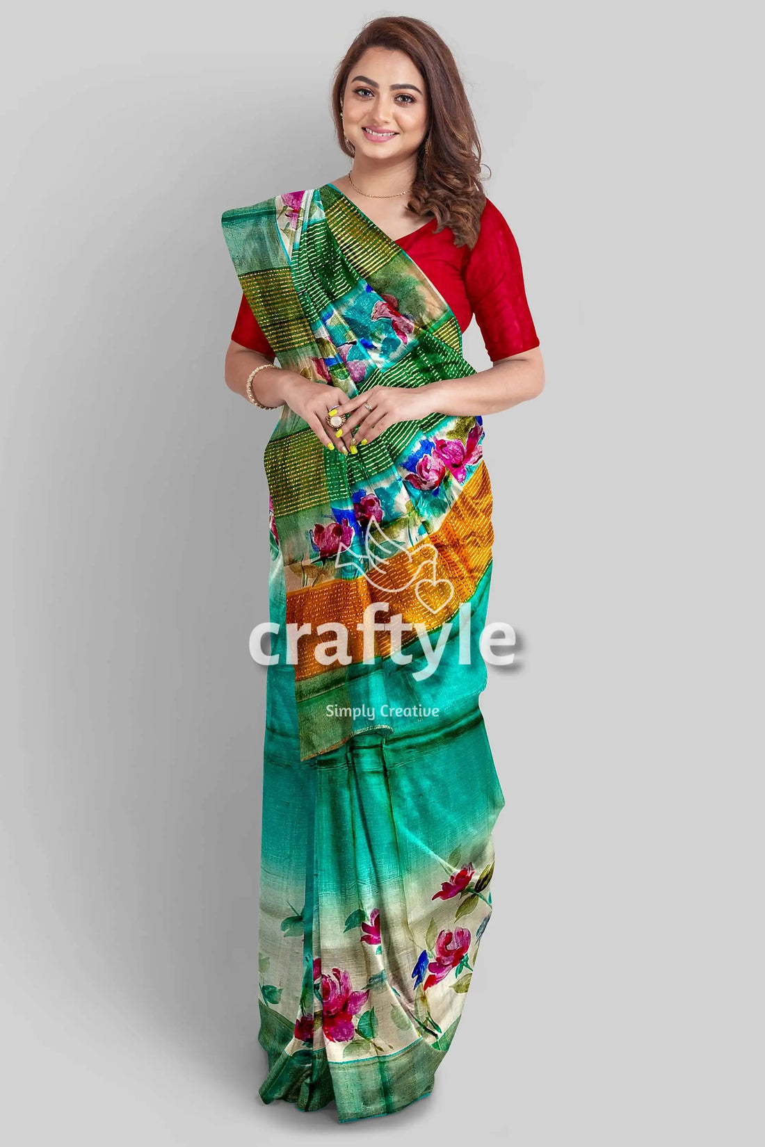 Eagle green hand painted pure tussar saree with zari detailing floral-patterned saree 2