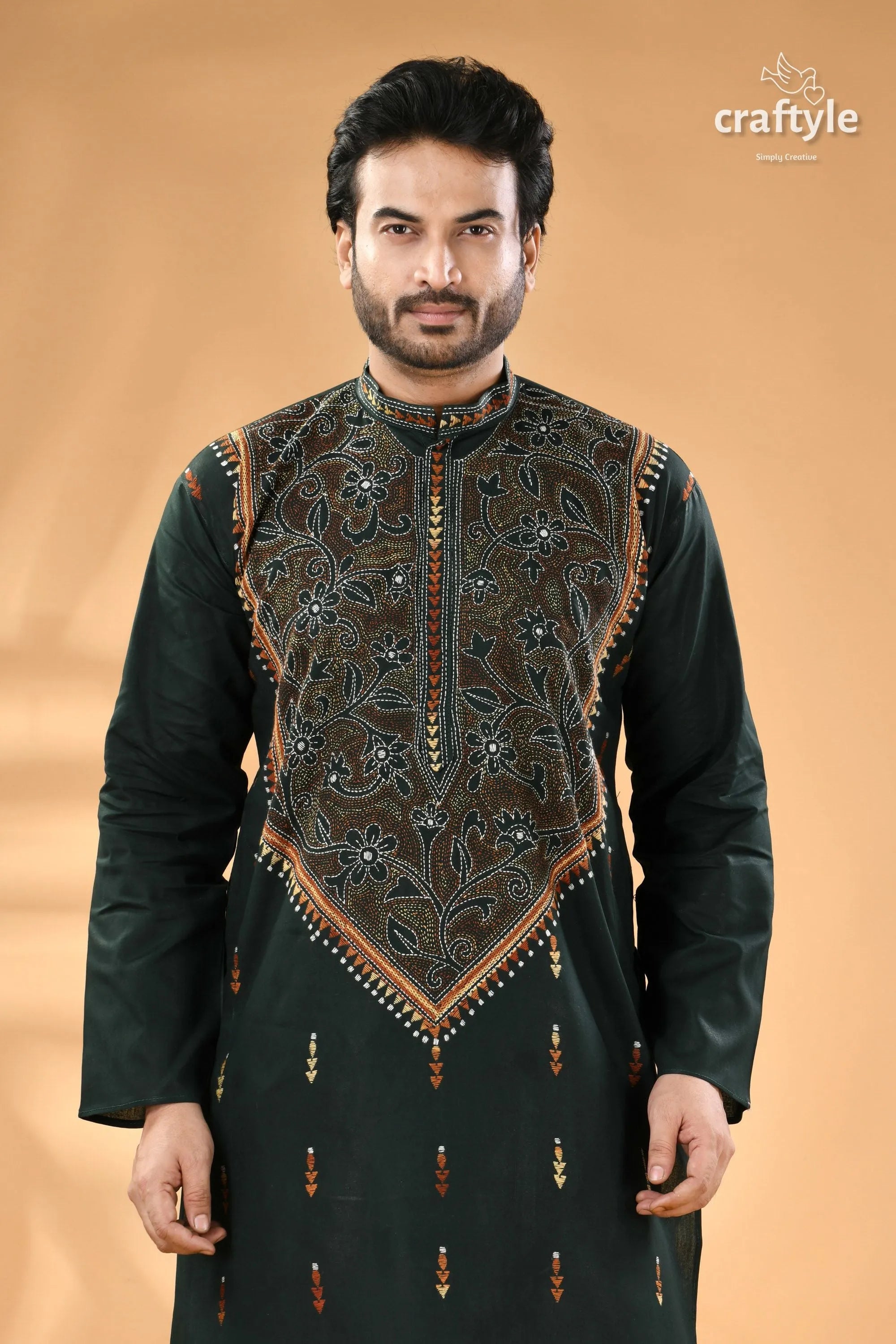 Eagle green kantha work mens cotton ethnic punjabi - reverse stitch men’s dark long-sleeved kurta 2