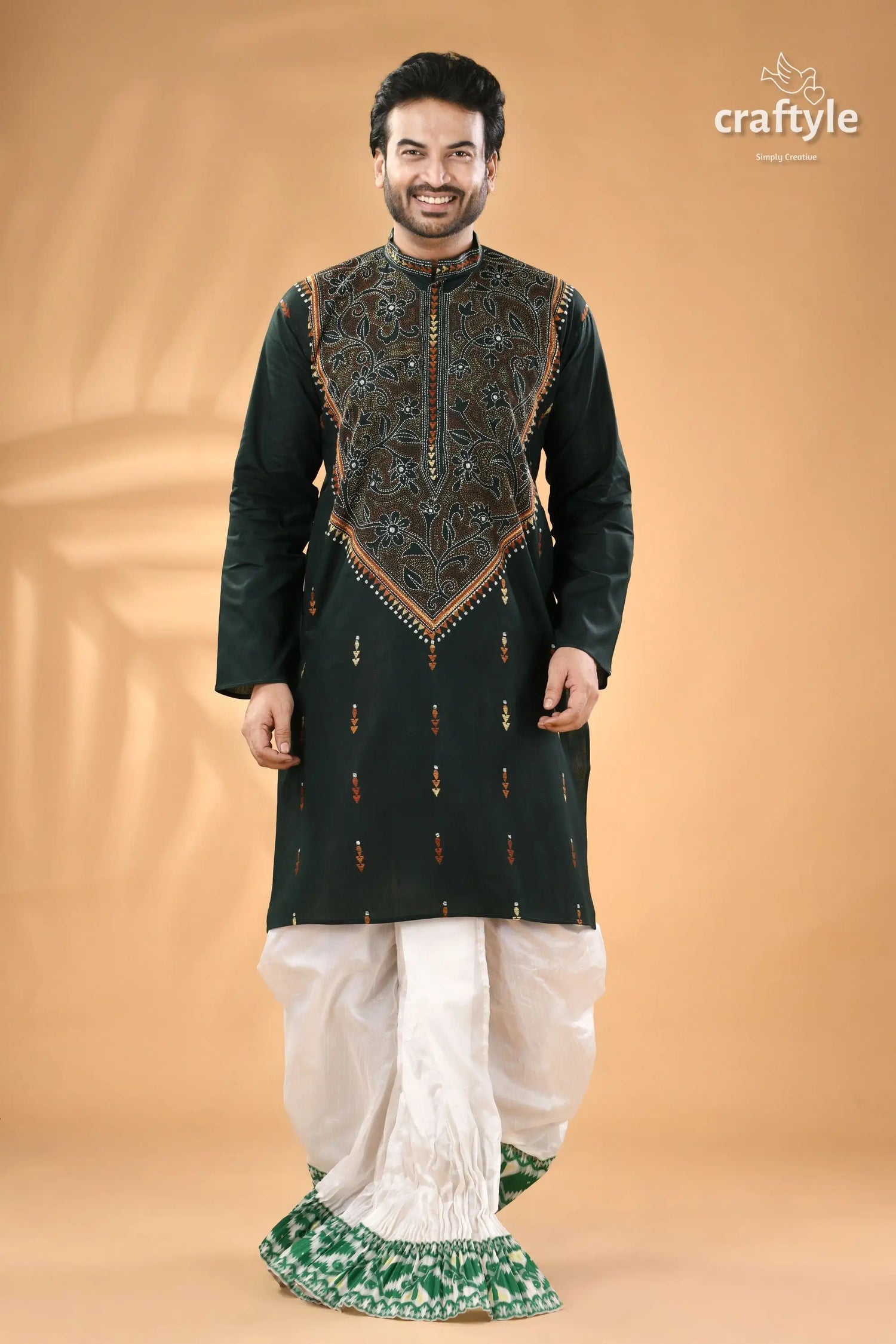 Eagle green kantha work mens cotton ethnic punjabi reverse stitch men’s dark green embroidered kurta 5