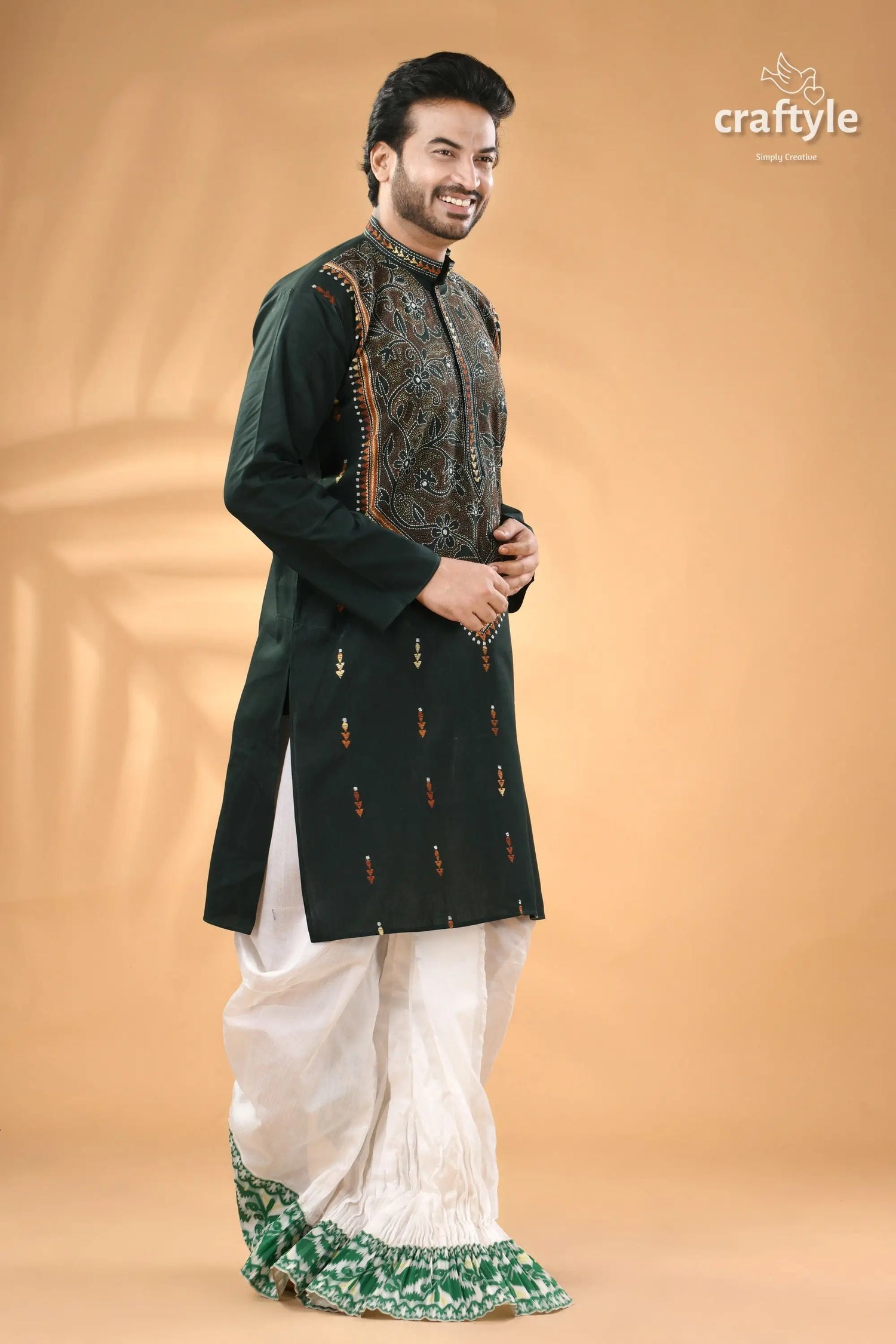 Eagle green kantha work mens cotton ethnic punjabi reverse stitch men’s dark green embroidered kurta 4