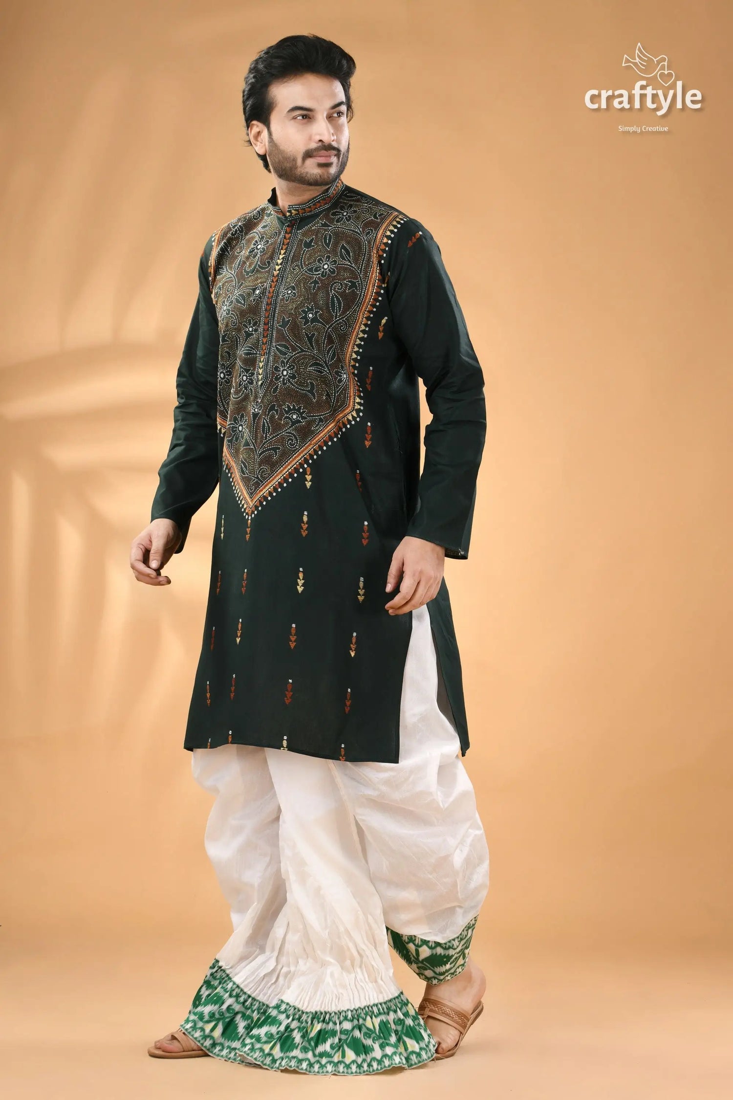 Eagle green kantha work mens cotton ethnic punjabi reverse stitch men’s dark green kurta elaborate 6