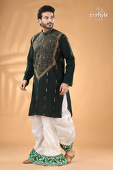 Eagle green kantha work mens cotton ethnic punjabi reverse stitch men’s dark green kurta elaborate 6