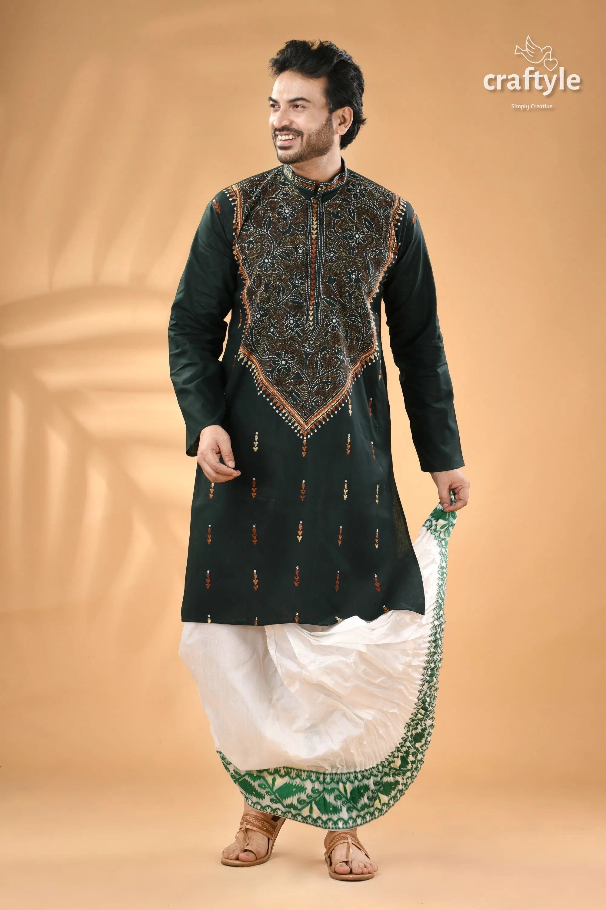 Eagle green kantha work mens cotton ethnic punjabi - reverse stitch dark kurta elaborate embroidery 1