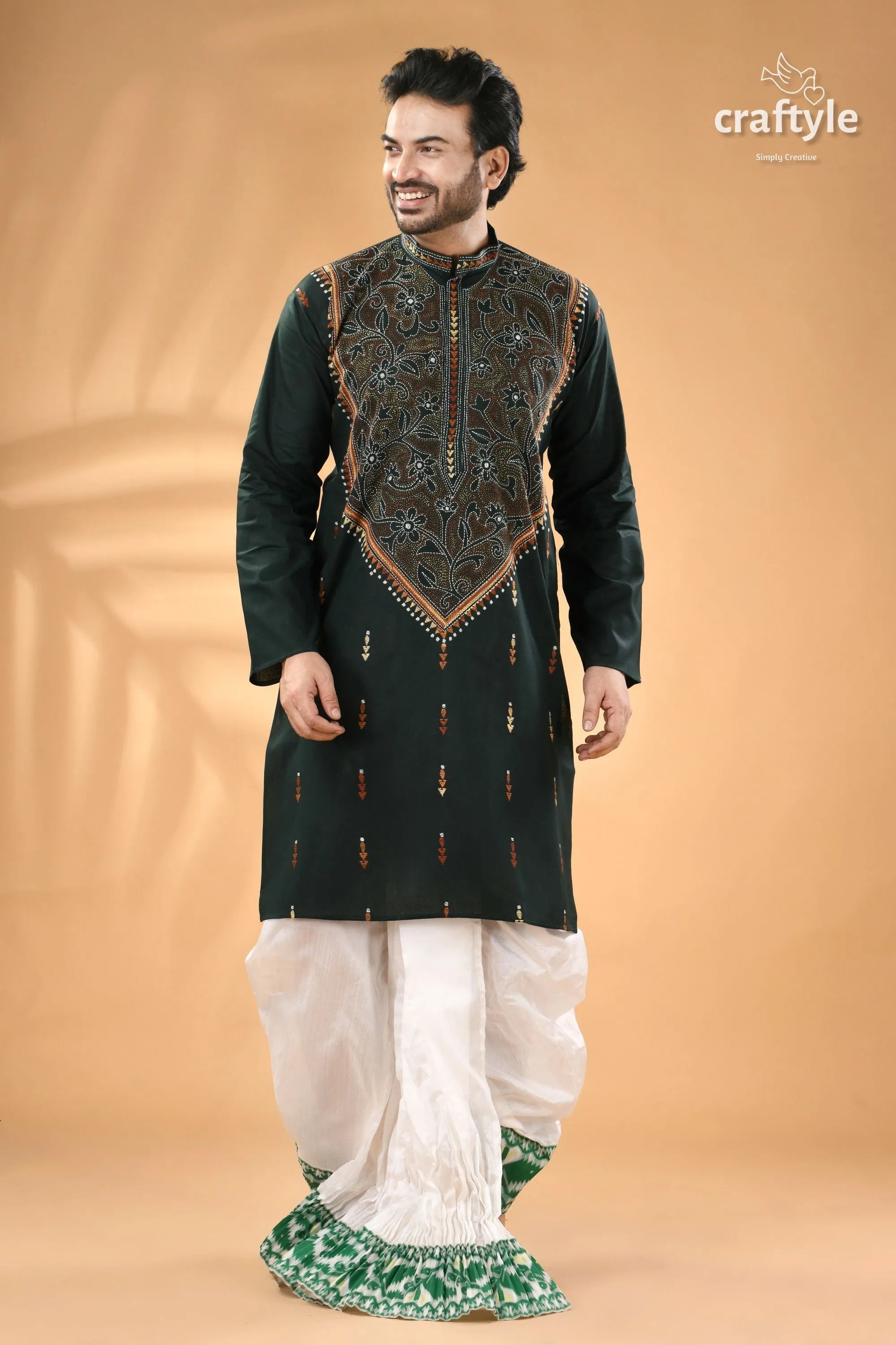 Eagle green kantha work mens cotton ethnic punjabi - reverse stitch men’s dark embroidered kurta 3
