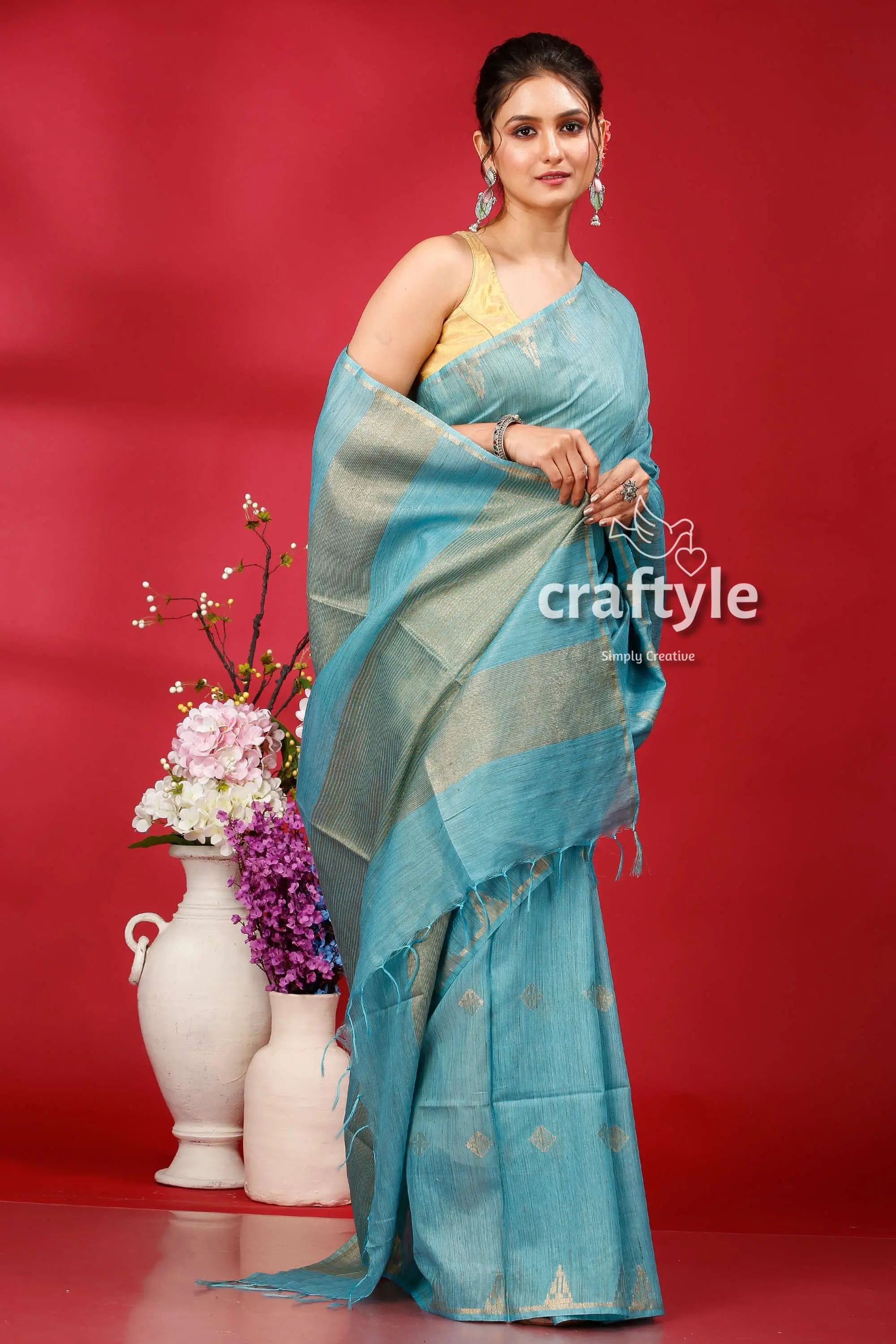 Eastern blue bhagalpuri silk saree golden zari accent light blue saree 4