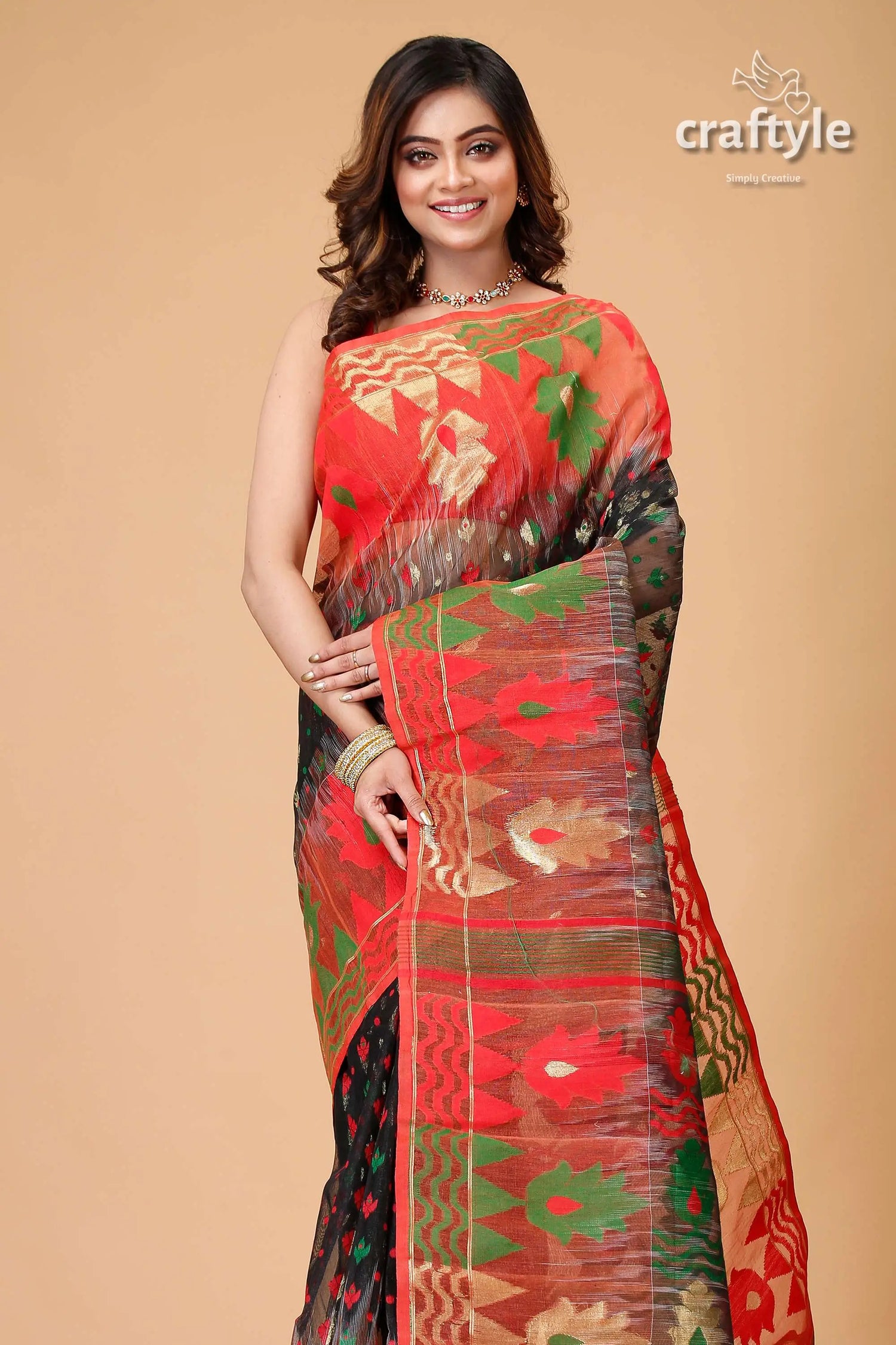 Ebony black and red floral jamdani saree woman colorful saree 2
