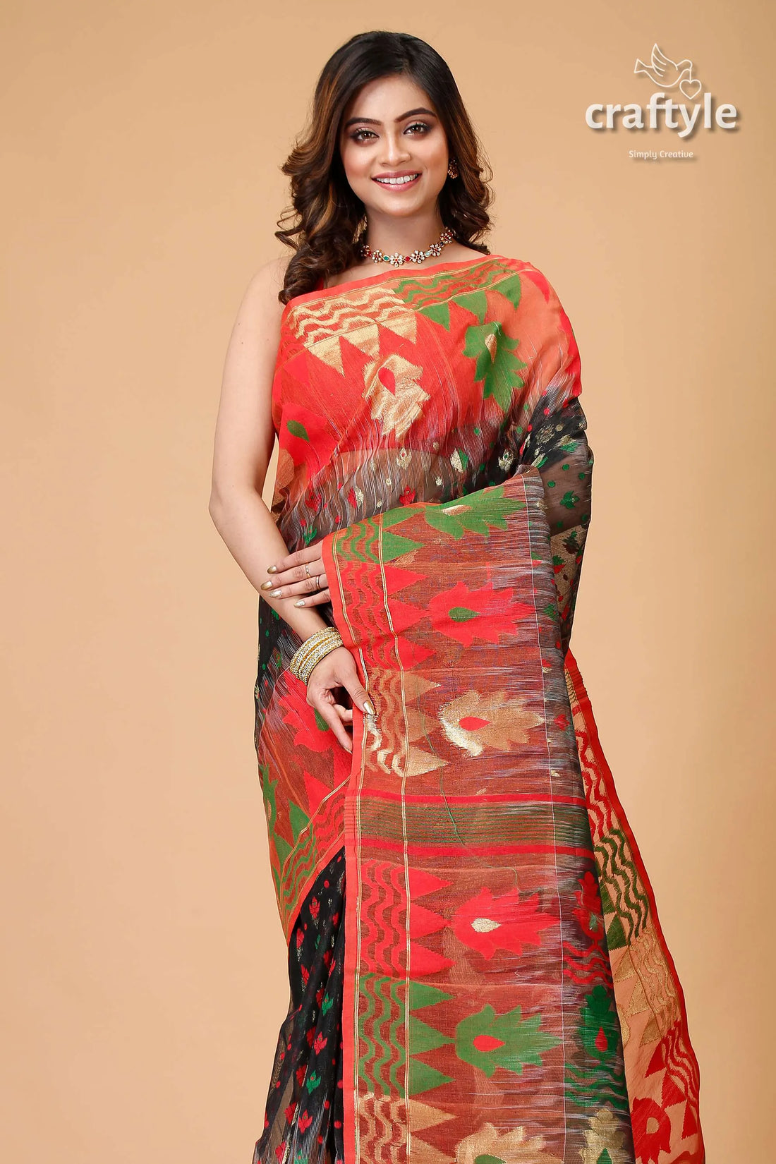 Ebony black and red floral jamdani saree woman colorful 2