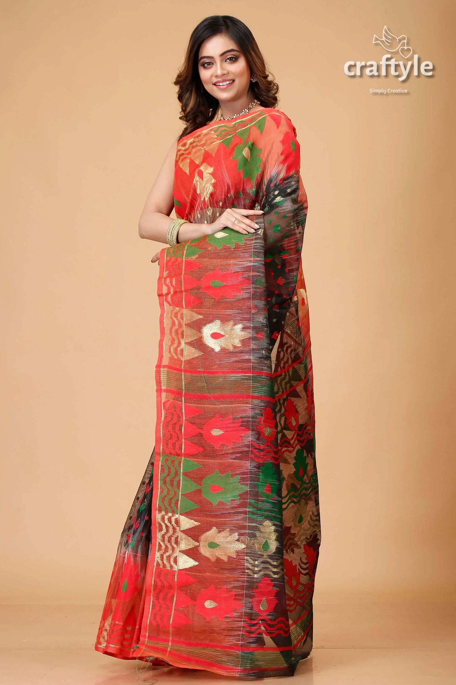 Ebony black and red floral jamdani saree red green patterned saree 3