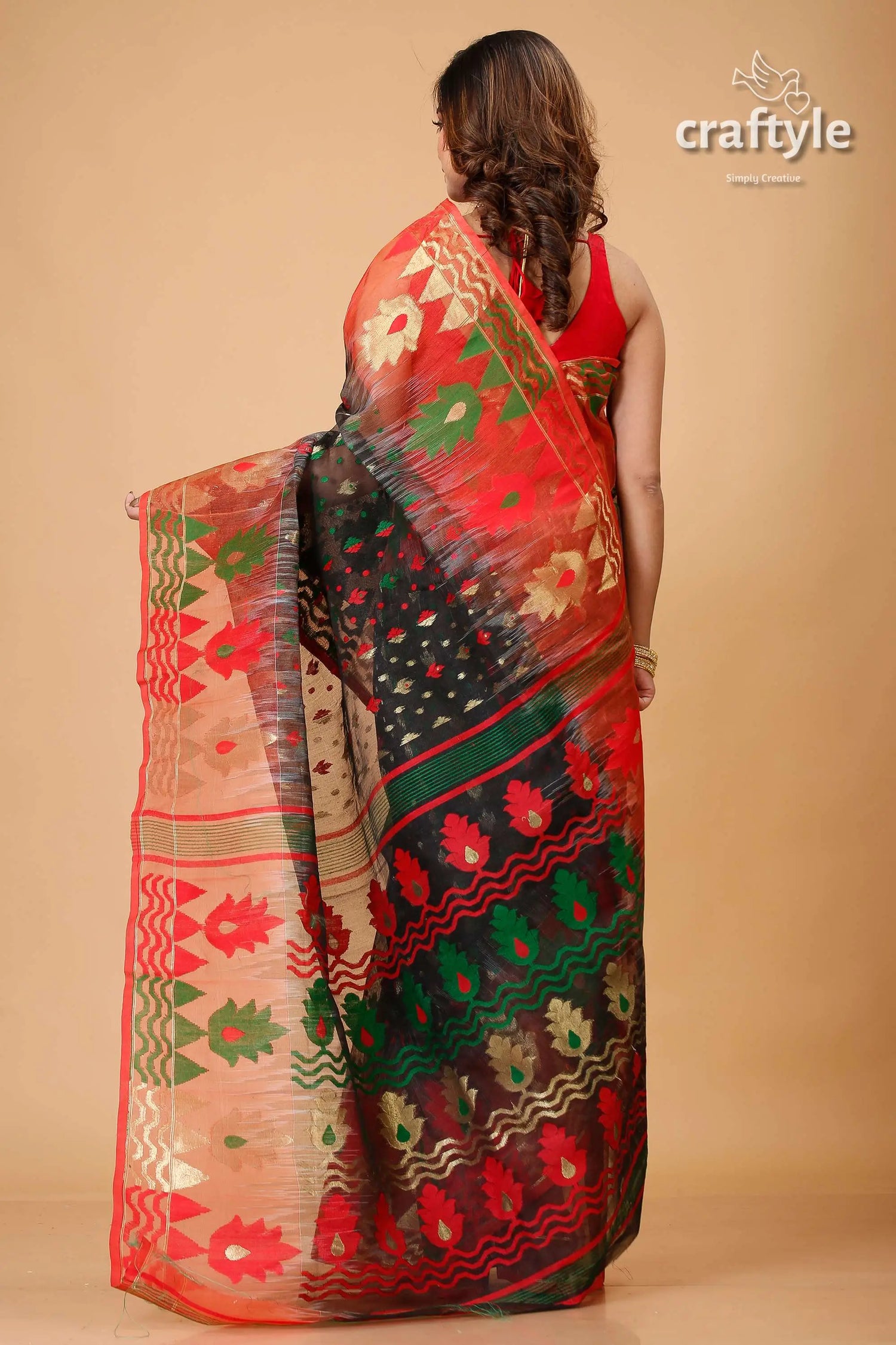 Ebony black and red floral jamdani saree red green gold patterned saree 5