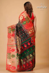 Ebony black and red floral jamdani saree red green gold patterned saree 5