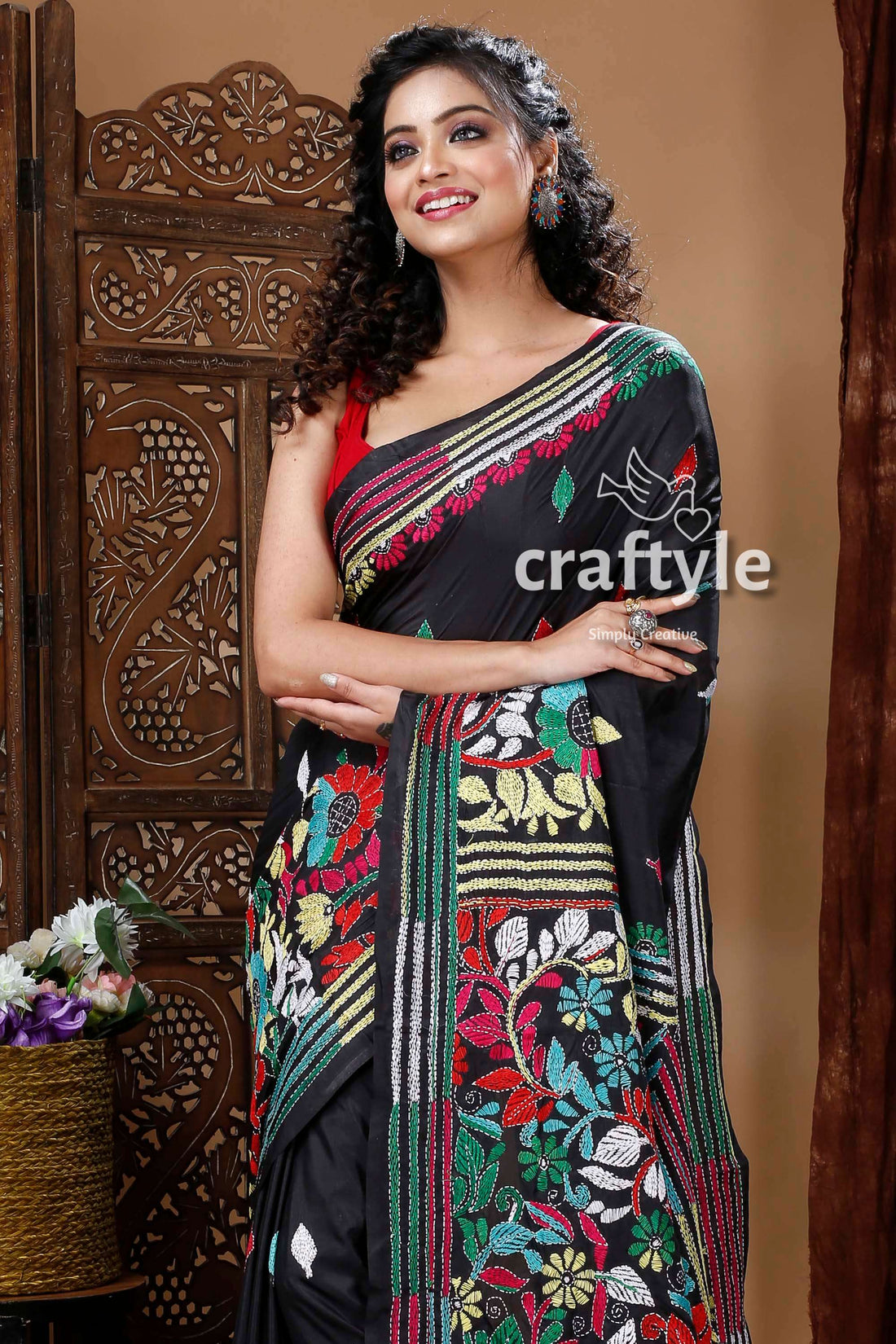 Ebony Black Exquisite Silk Kantha Embroidery Saree-Craftyle
