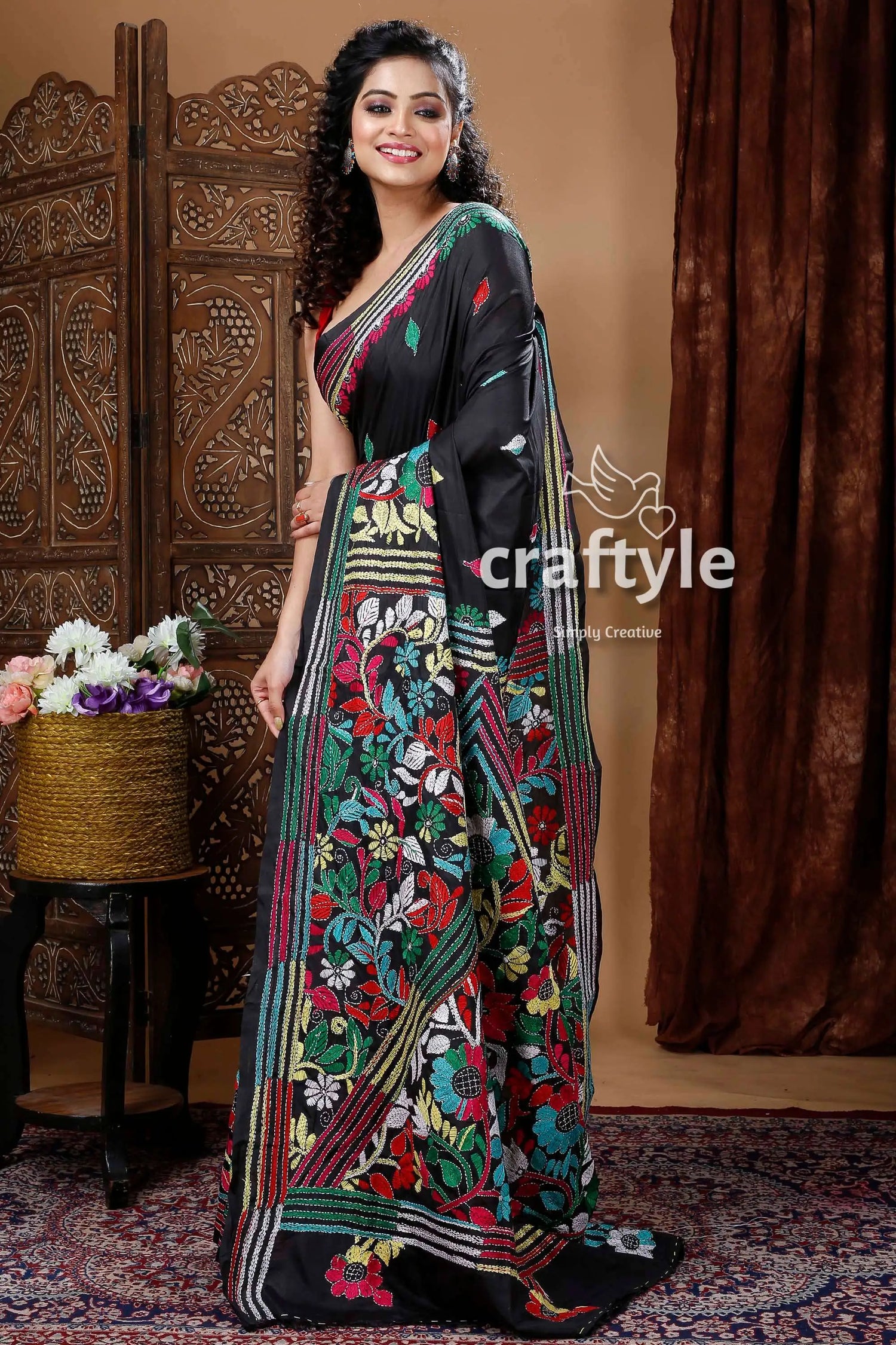 Ebony black exquisite silk kantha embroidery saree black saree colorful floral embroidery 4