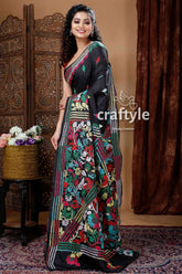 Ebony Black Exquisite Silk Kantha Embroidery Saree-Craftyle