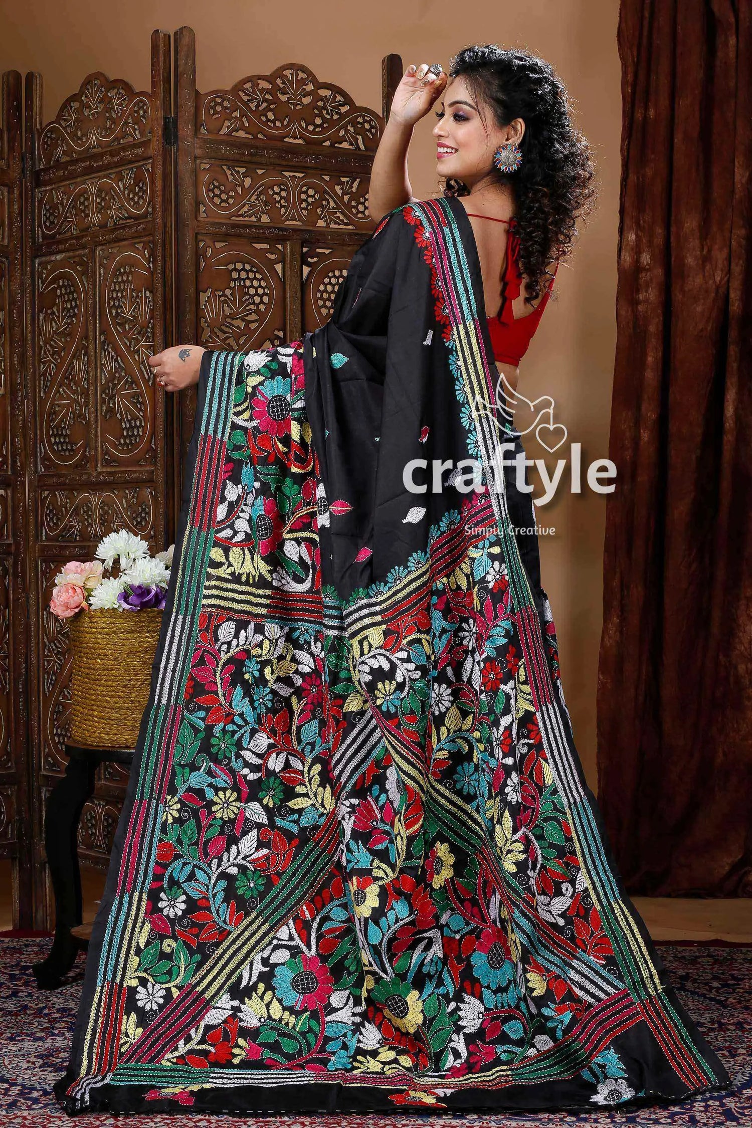 Ebony black exquisite silk kantha embroidery saree black floral embroidered saree 5