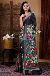 Ebony black exquisite silk kantha embroidery saree black saree colorful floral embroidery 1