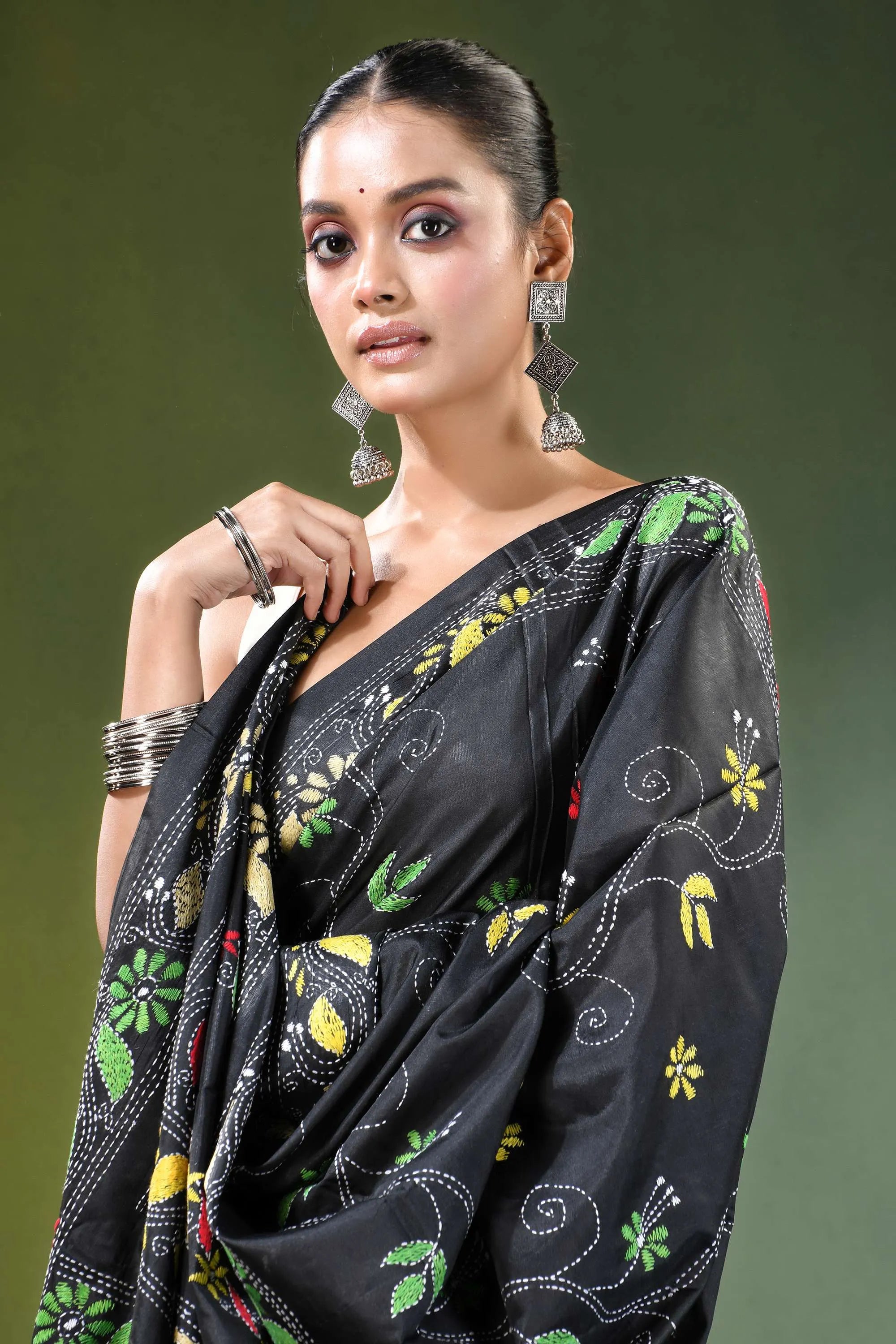 Ebony black floral hand embroidered silk kantha saree intricate green yellow 2
