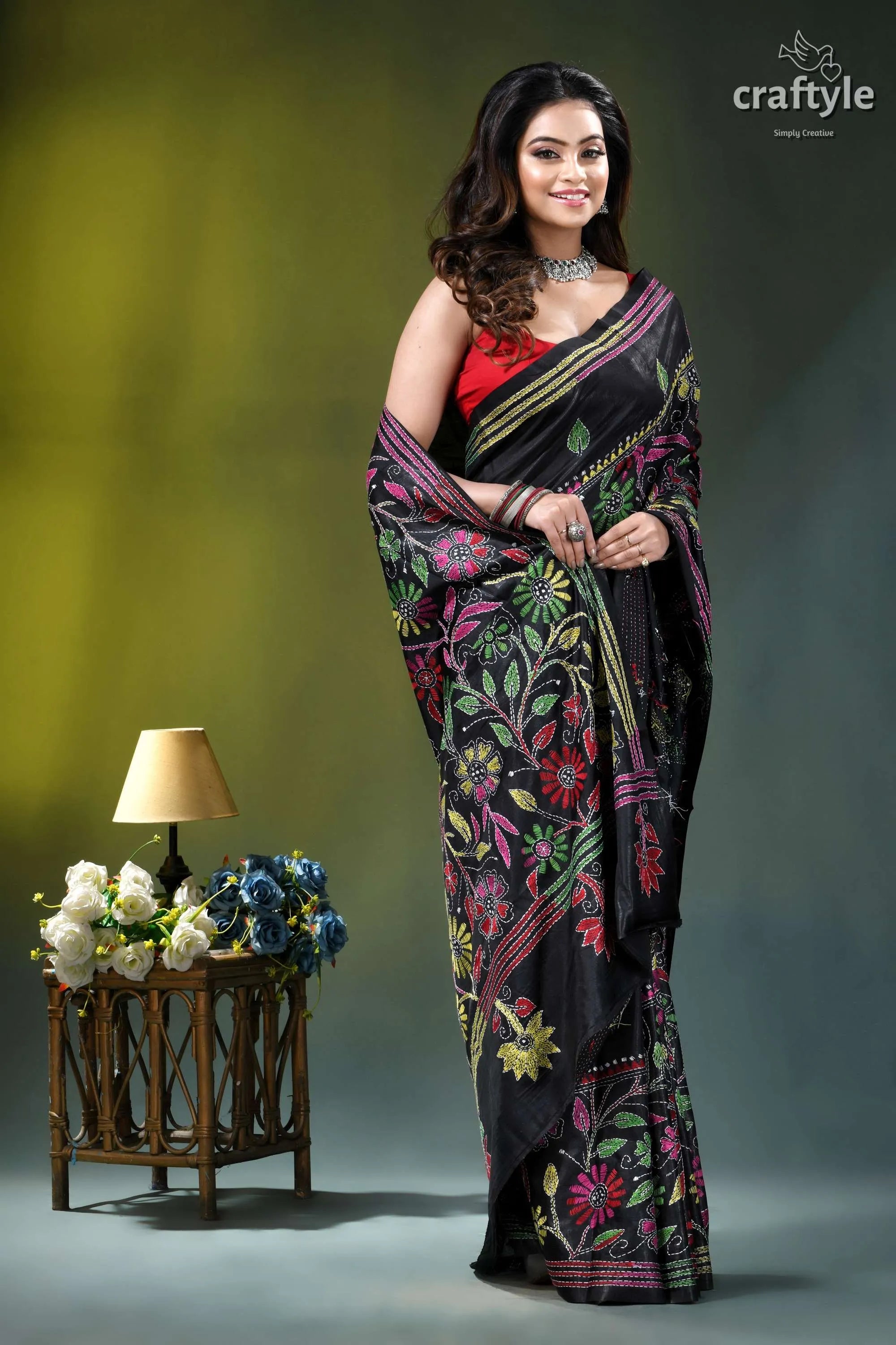 Ebony black flower design hand embroidery kantha silk saree black silk saree vibrant floral 5