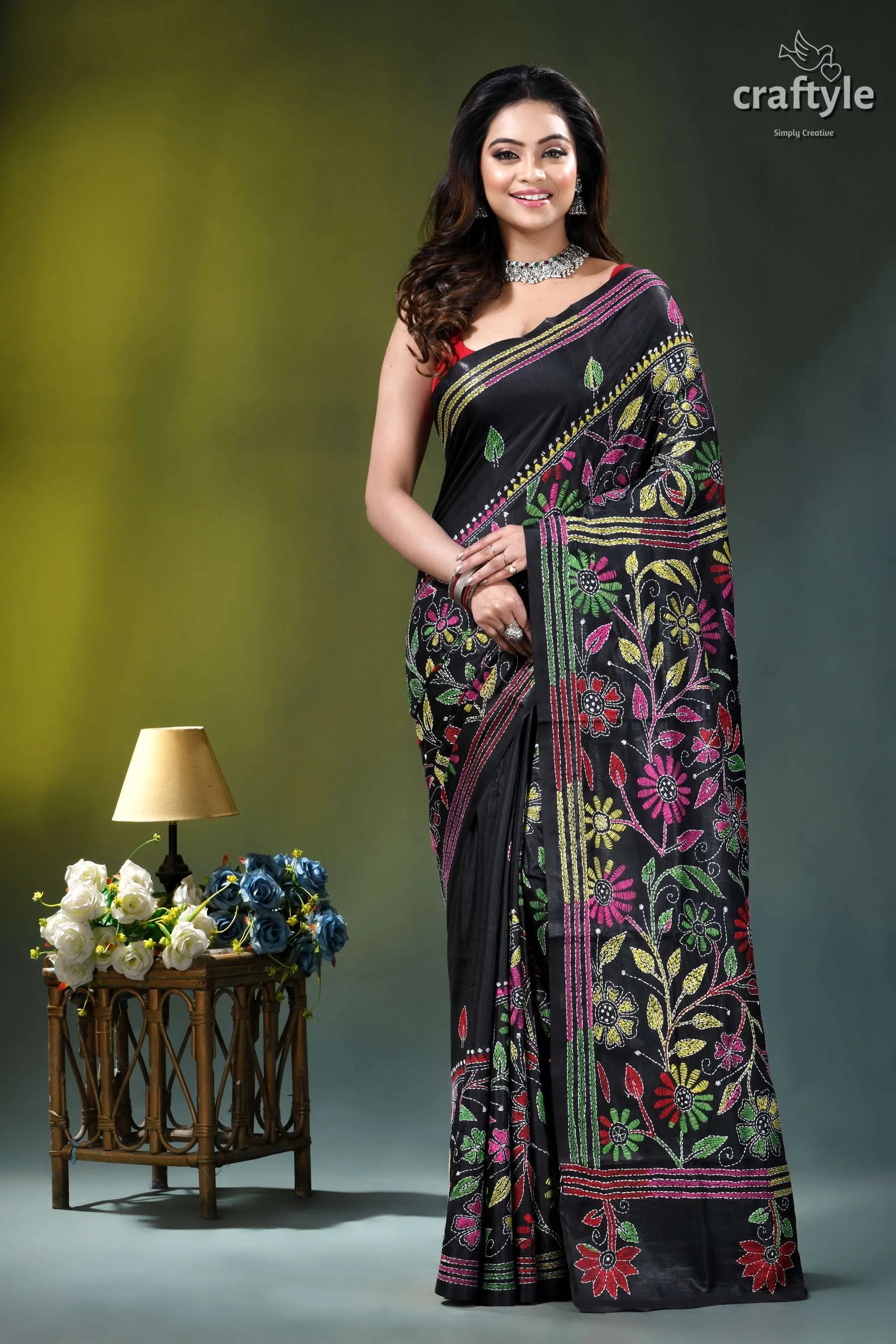 Ebony black flower design hand embroidery kantha silk saree black saree vibrant floral embroidery 1