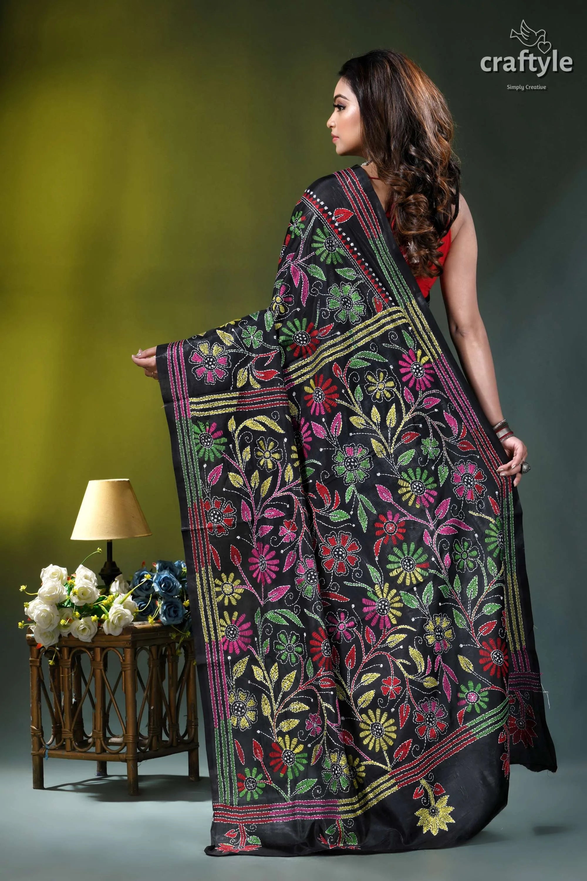 Ebony black flower design hand embroidery kantha silk saree black embroidered saree vibrant floral 6