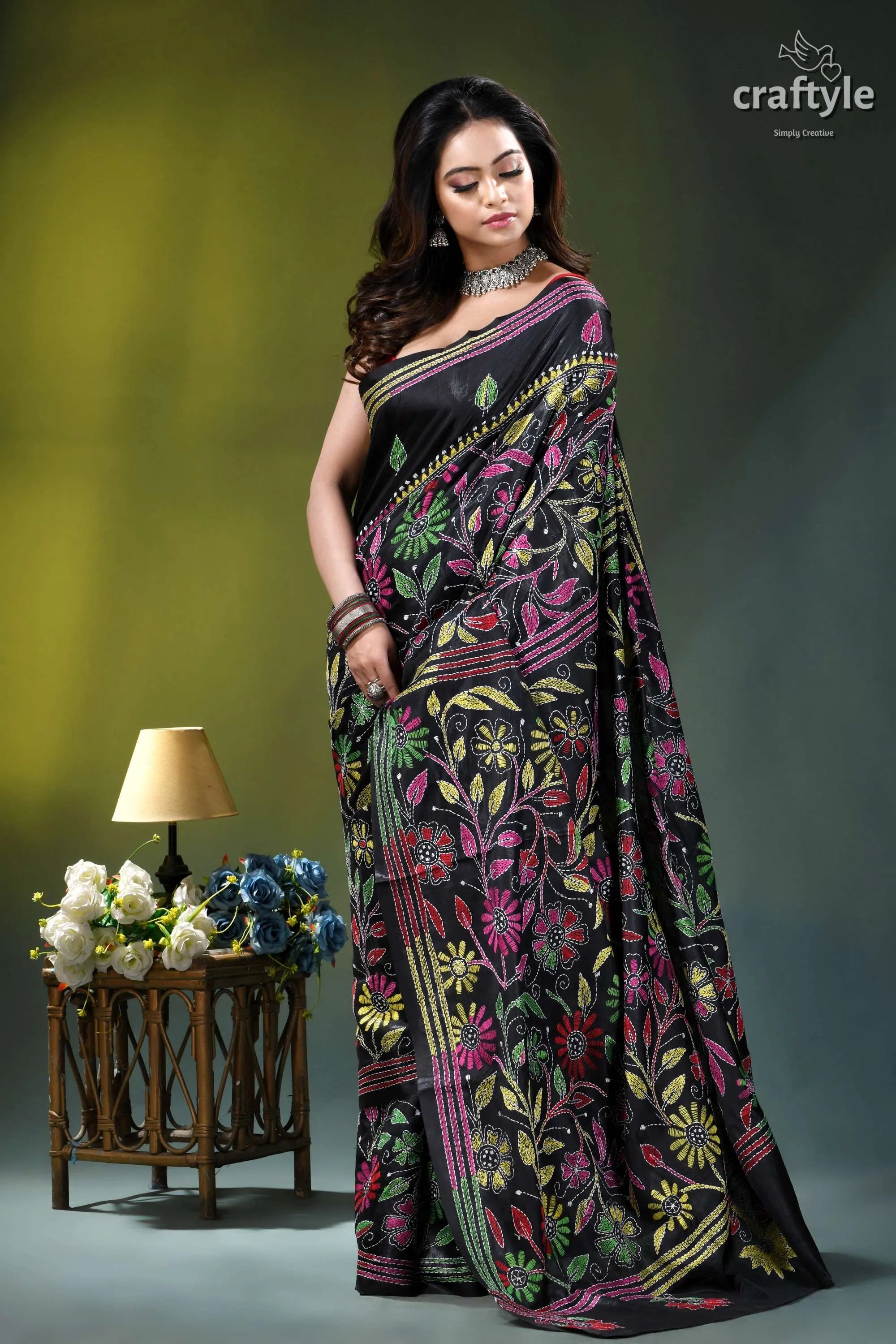 Ebony black flower design hand embroidery kantha silk saree black saree vibrant floral embroidery 4