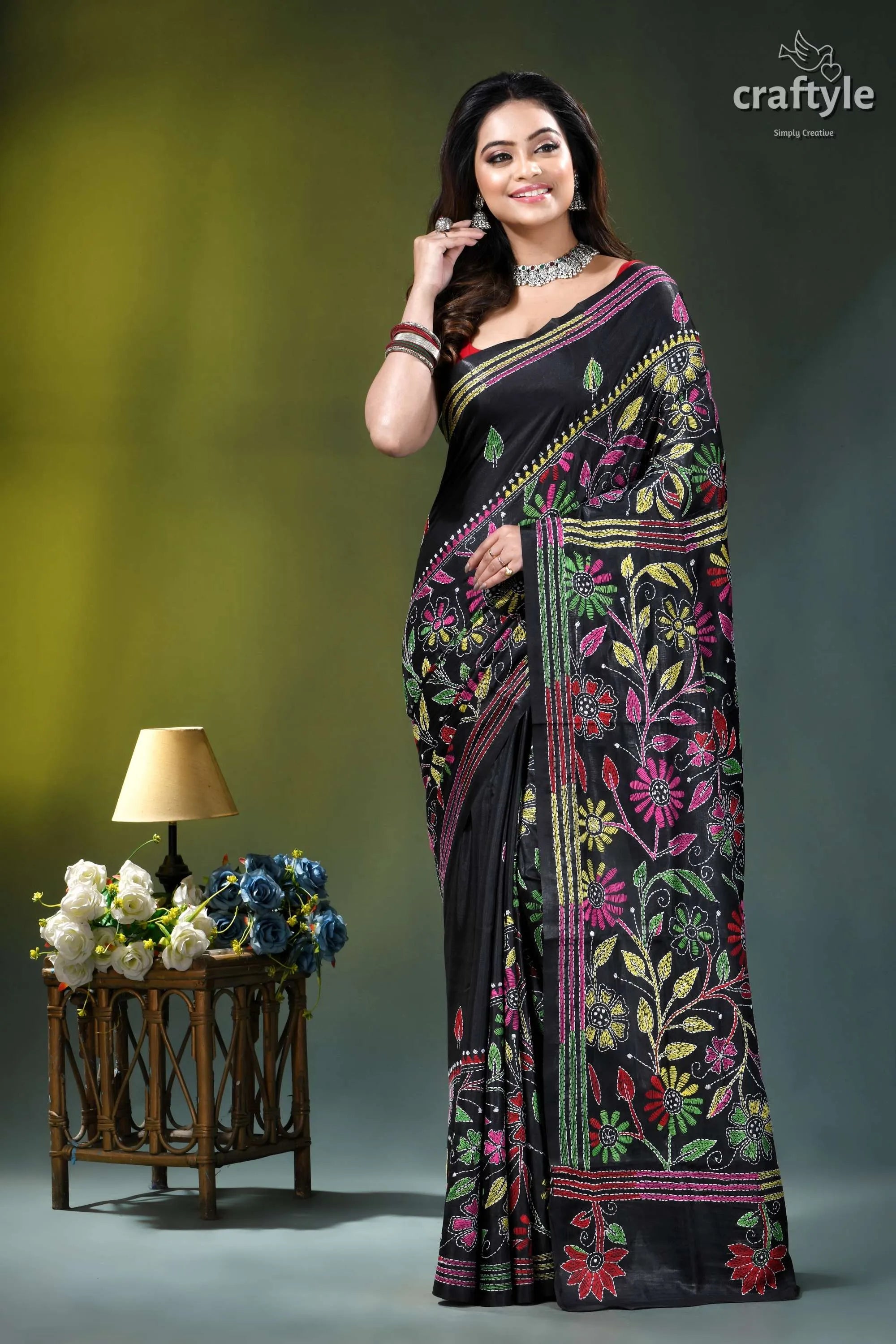 Ebony black flower design hand embroidery kantha silk saree black saree vibrant floral embroidery 7