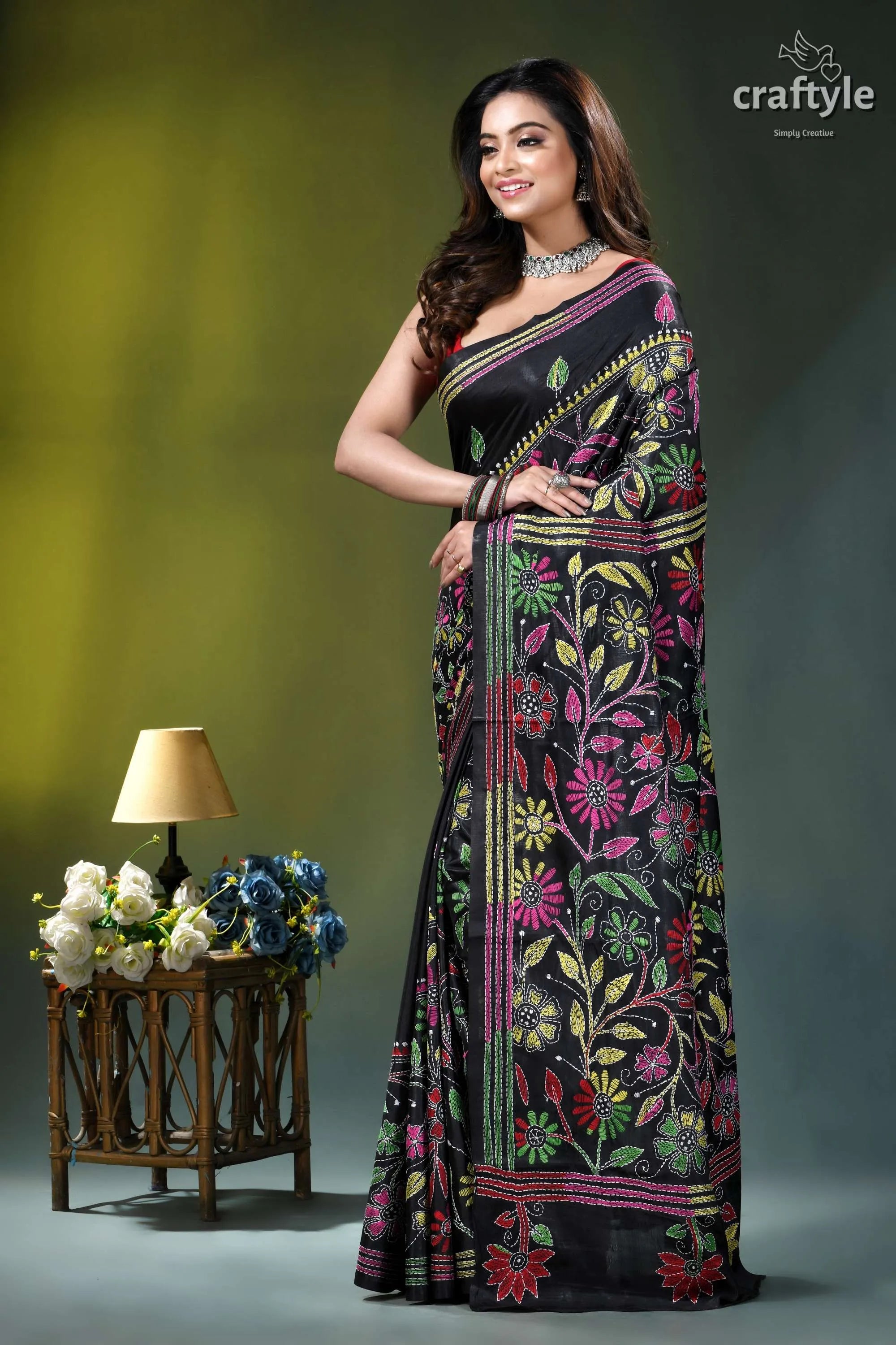 Ebony black flower design hand embroidery kantha silk saree black silk saree intricate floral 3