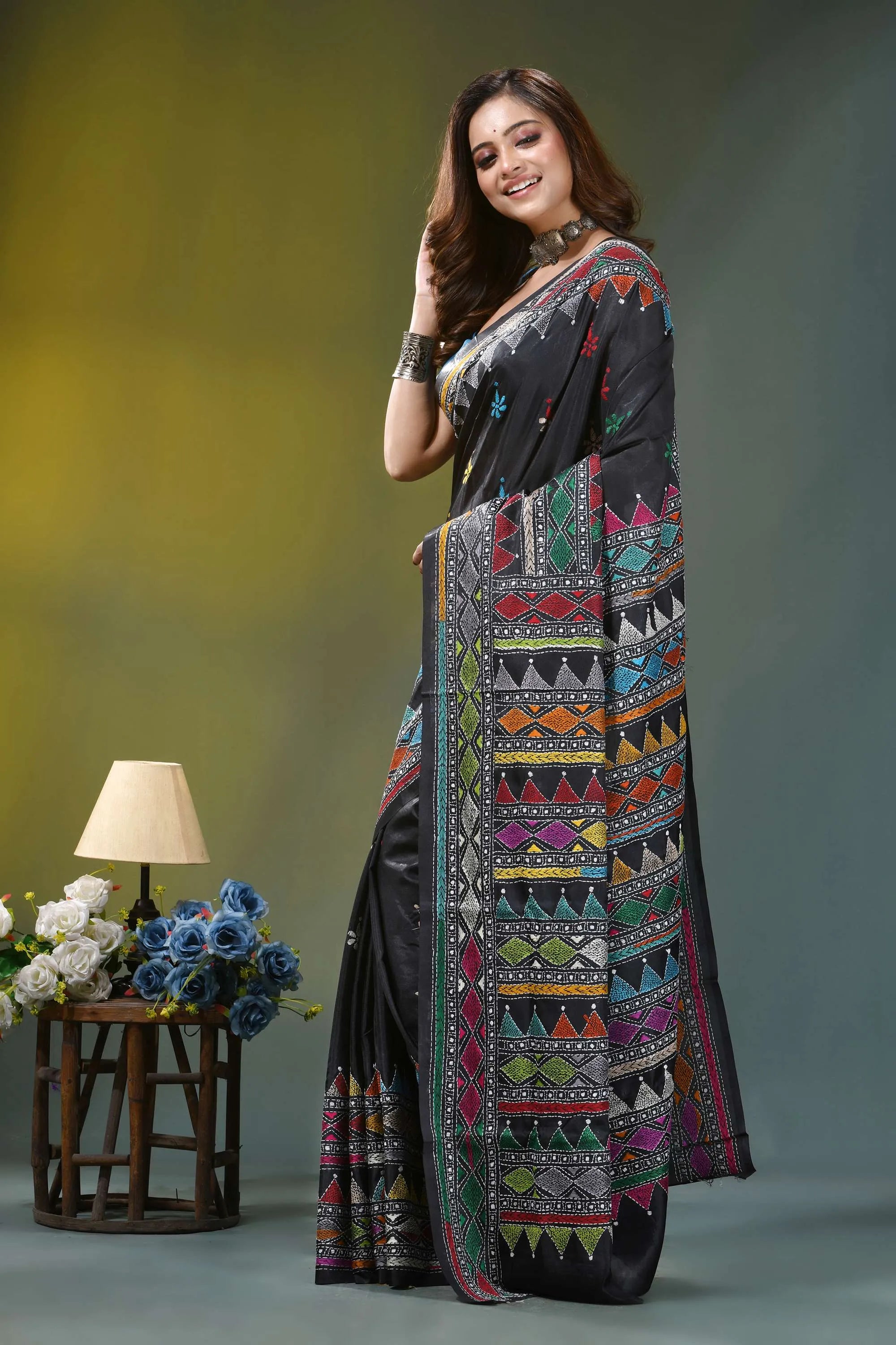 Ebony black geometric hand embroidered silk kantha saree black saree vibrant multicolored geometric 3