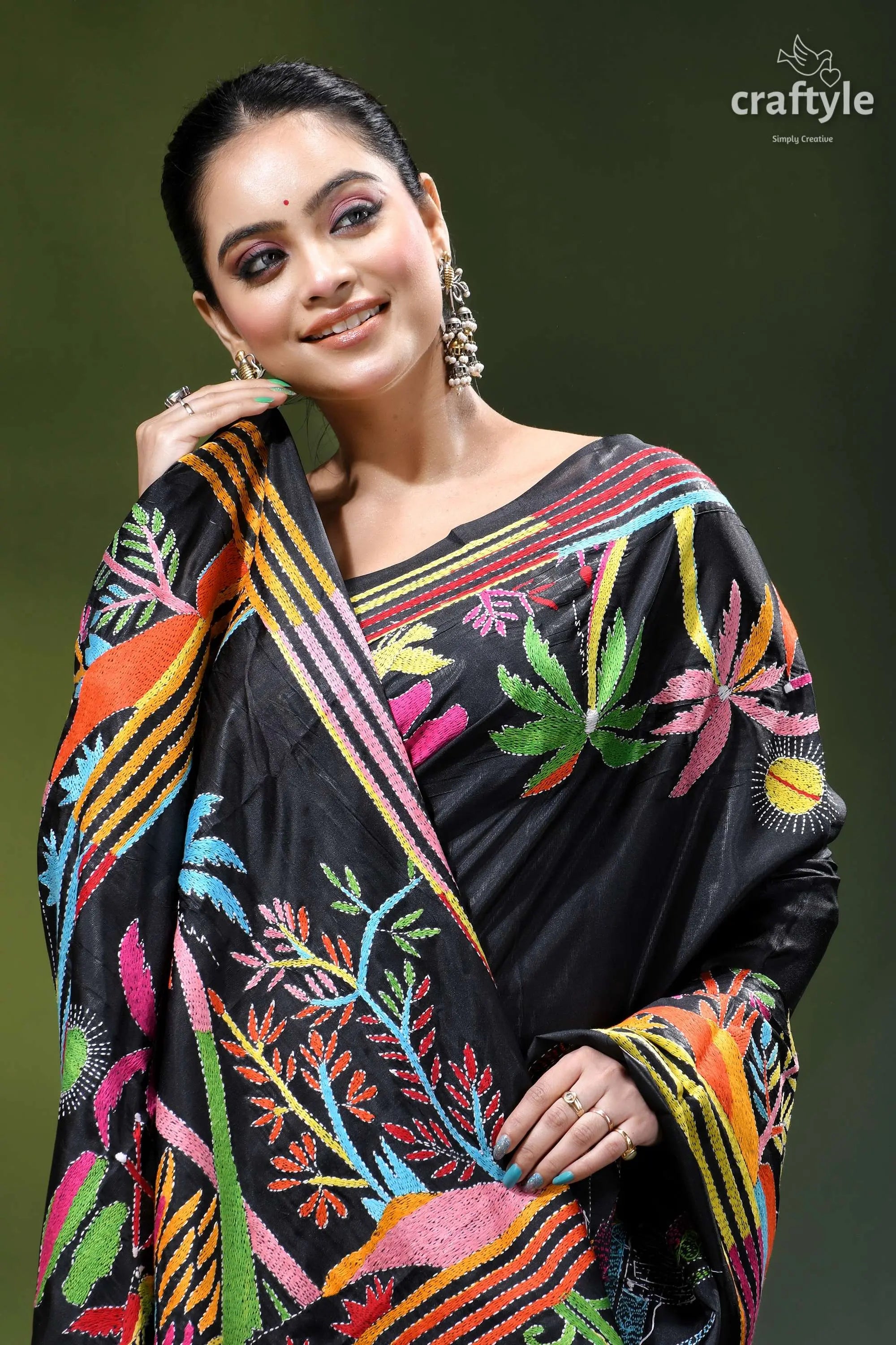 Ebony black hand embroidery kantha silk saree - nature theme black silk saree adorned vibrant 2